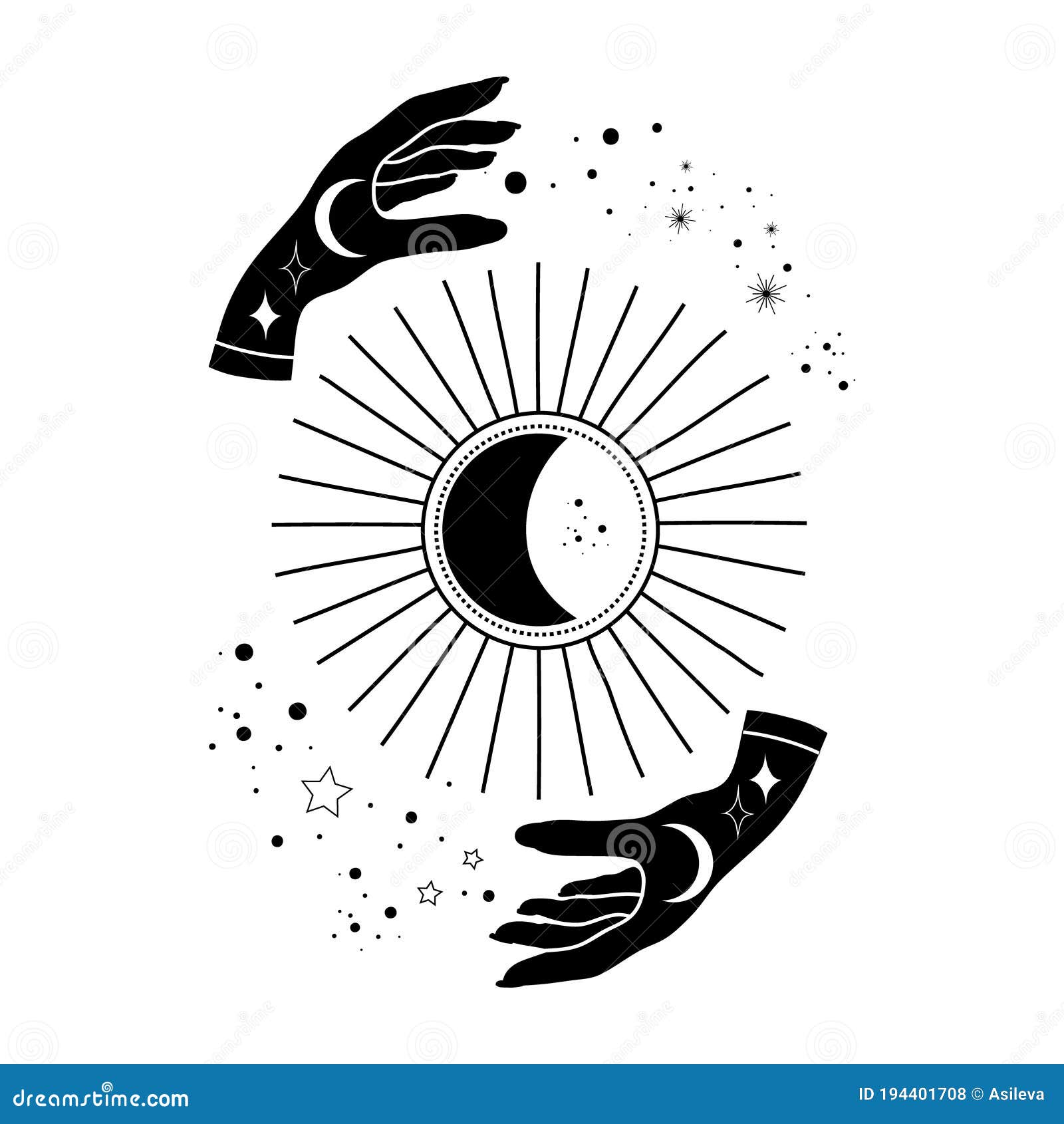 alchemy esoteric mystical magic celestial talisman with hands sun, moon, stars