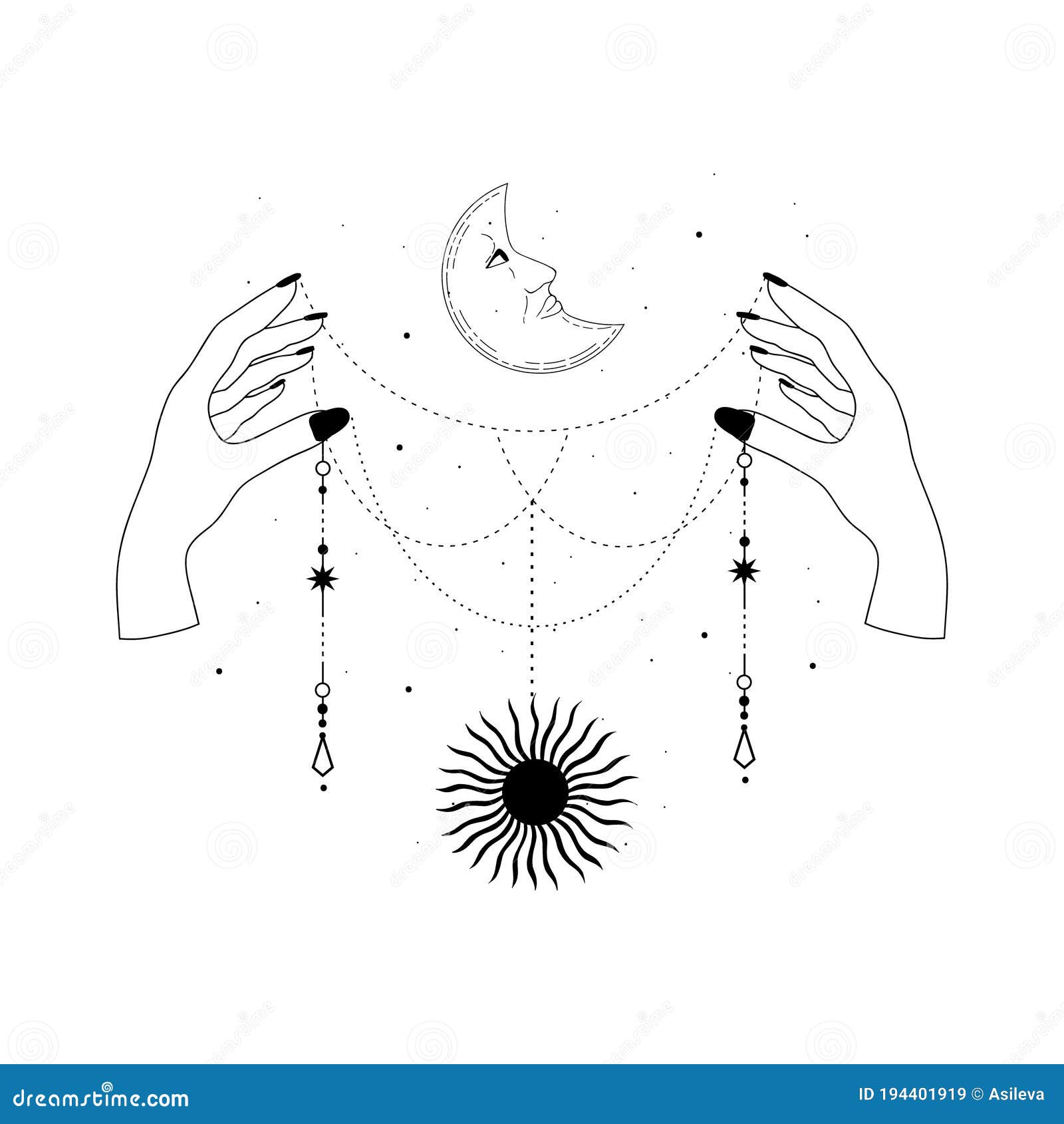 alchemy esoteric mystical magic celestial talisman with woman hands, sun, moon