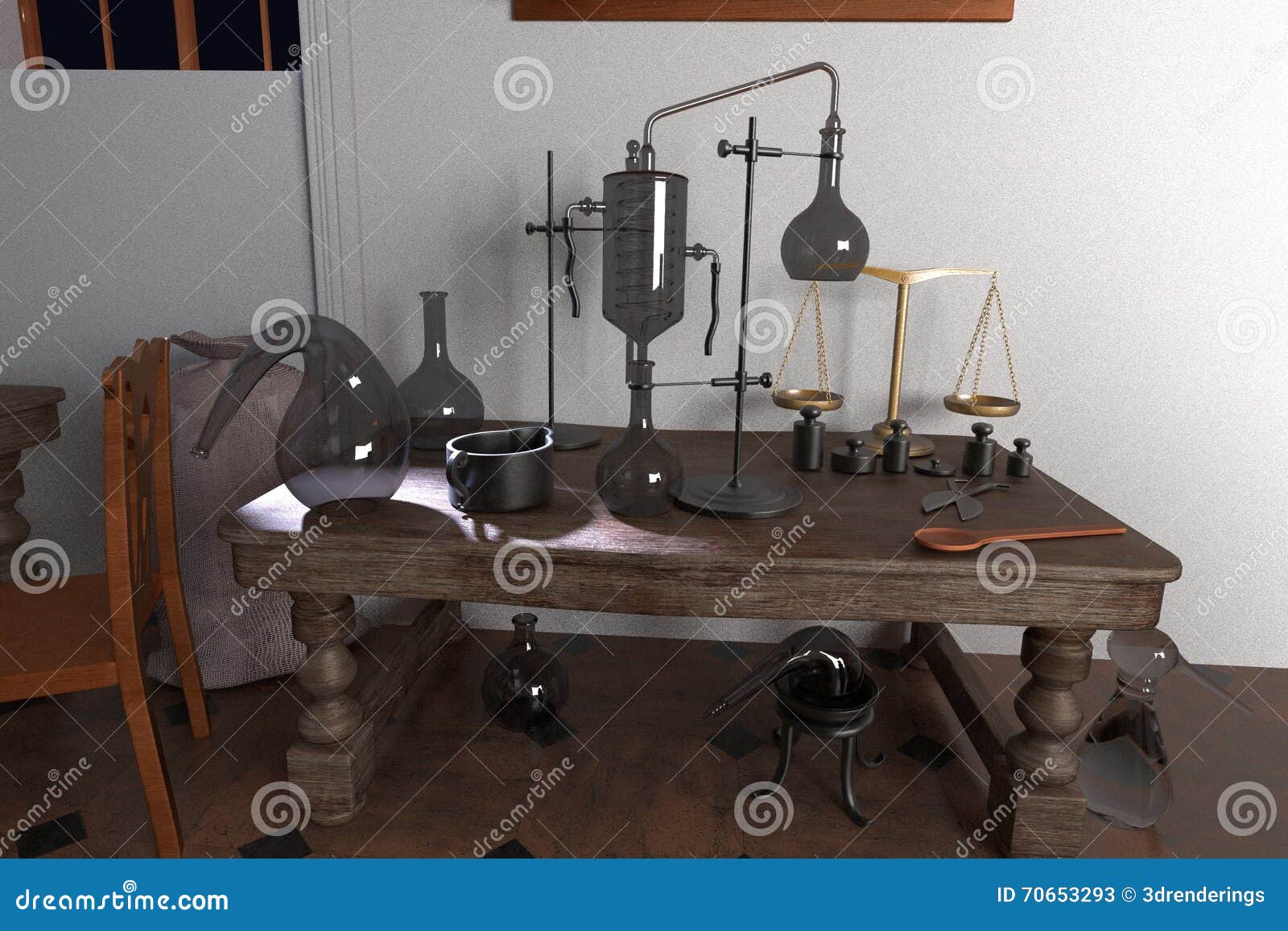 Alchemy laboratory stock illustration. Illustration of flask 70653293