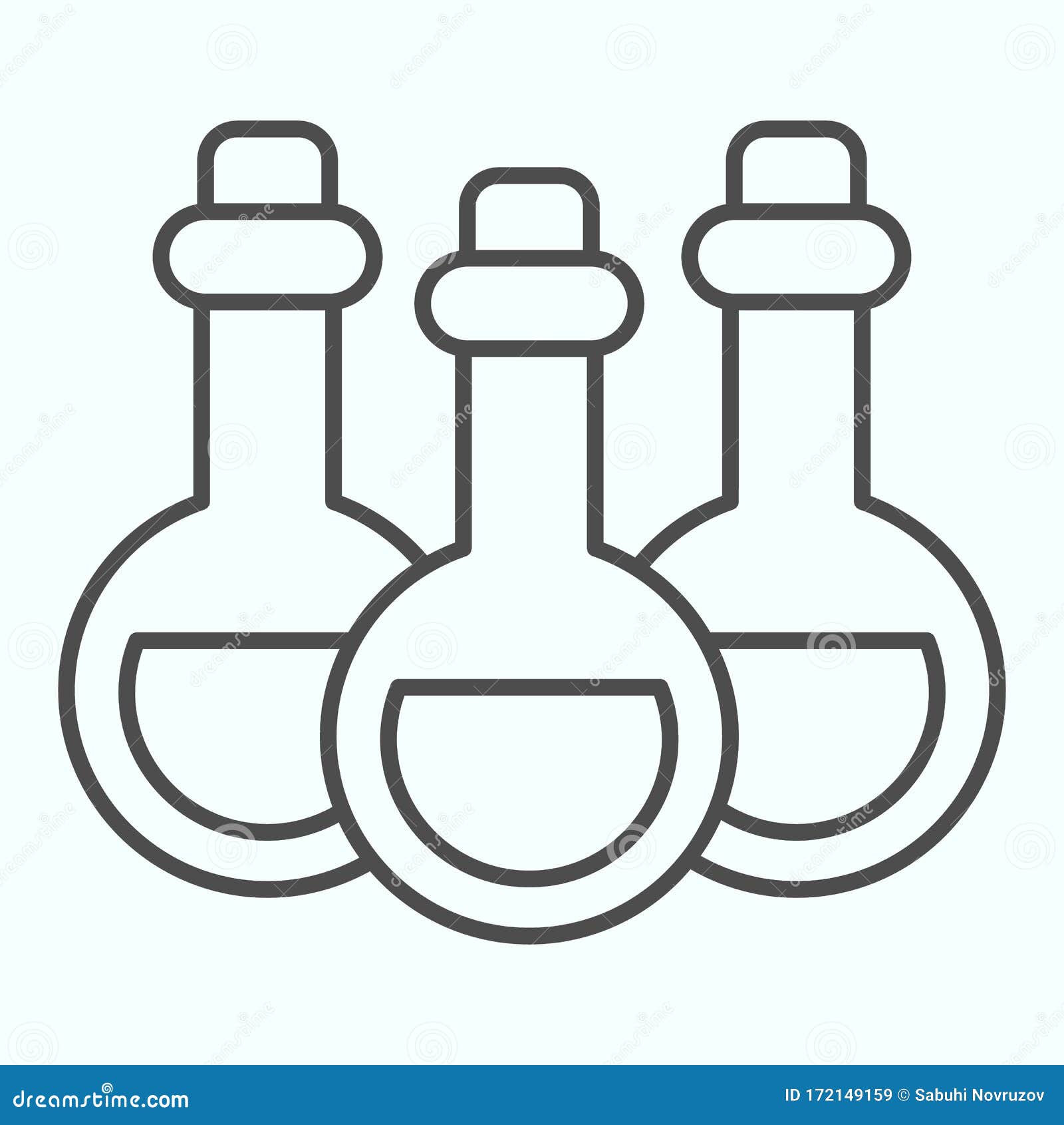 alchemy potion cans thin line icon. three glass bottles with poison. halloween   concept, outline style