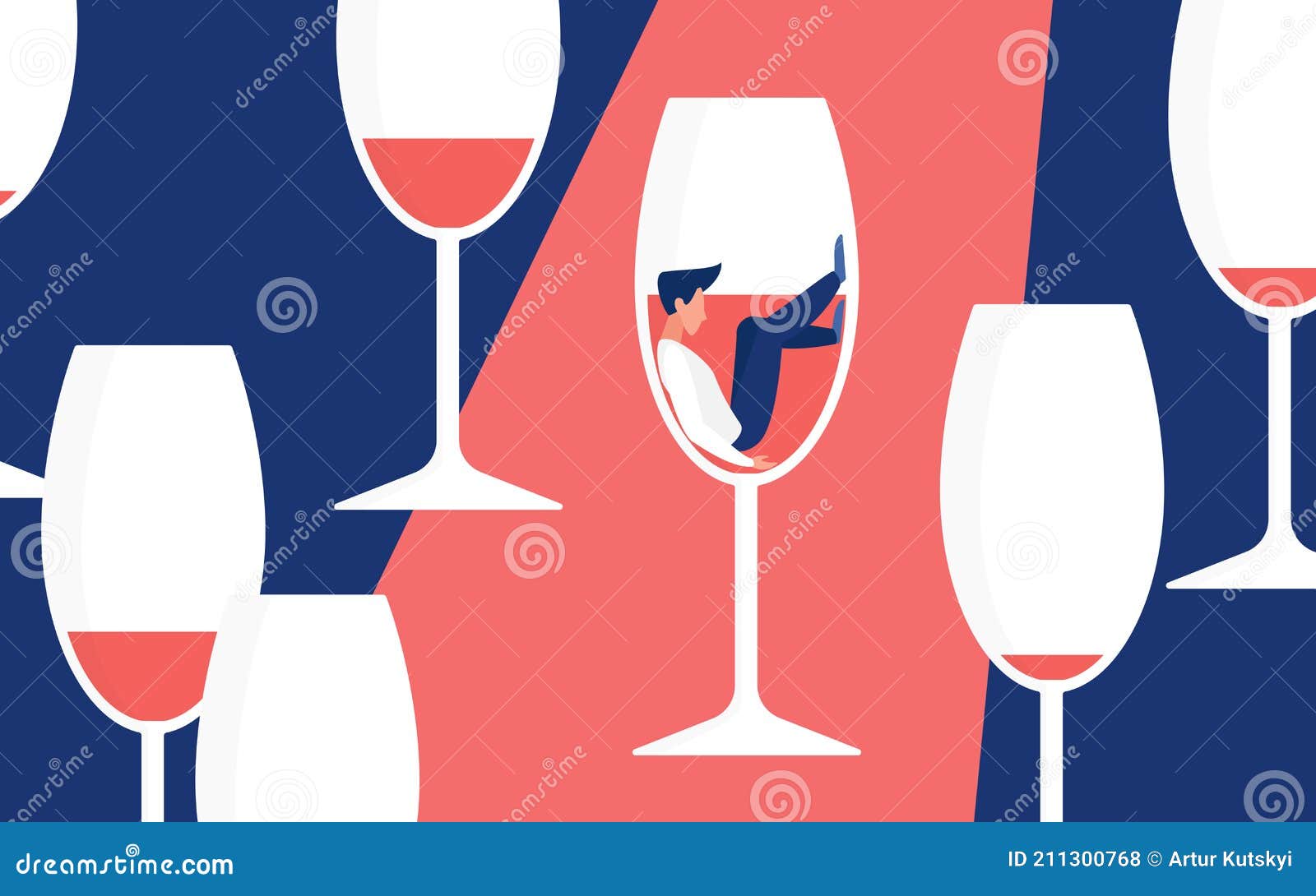 alcohol addiction concept, man addict drinker sitting in glass for red wine, alcoholism