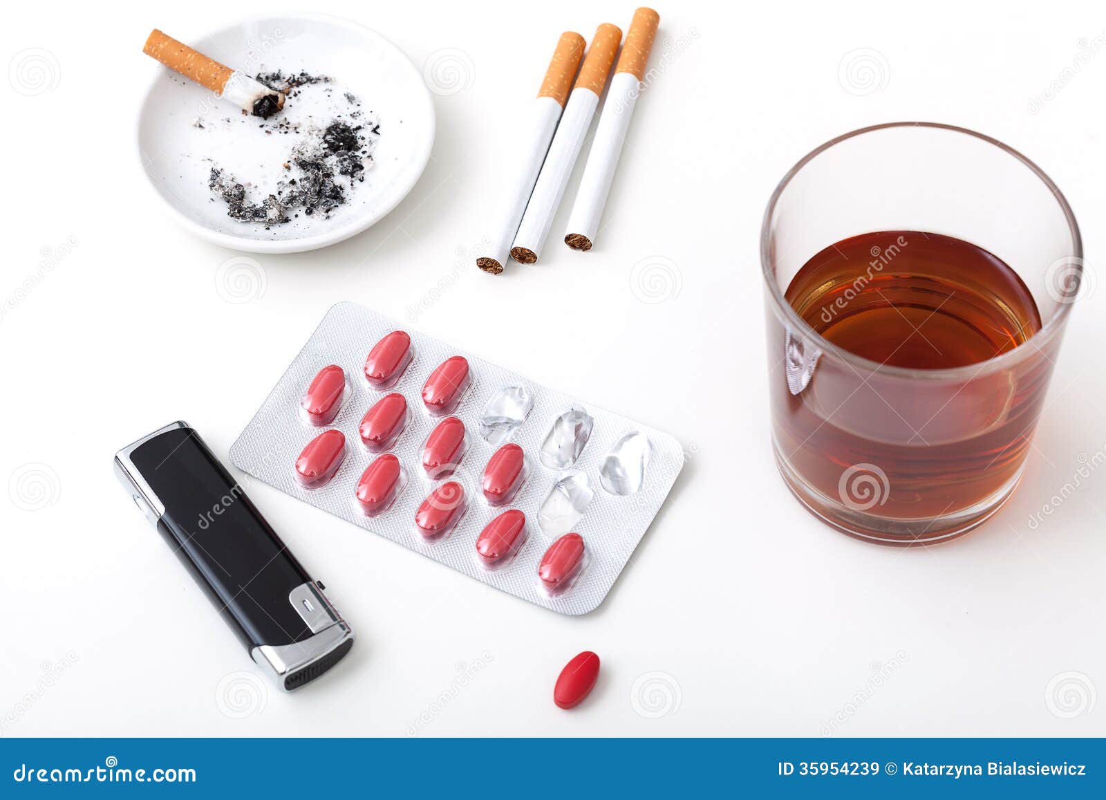 Alcohol cigarettes pills stock image. Image of escape 35954239