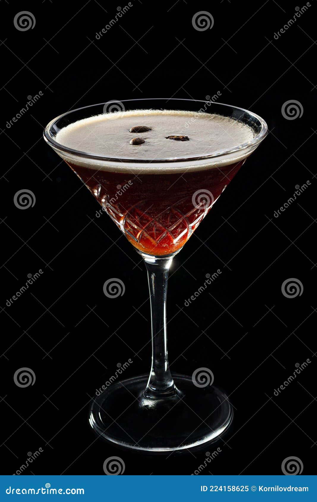 alcohol cocktail espresso martini cocktails garnished with coffee beans on black background.