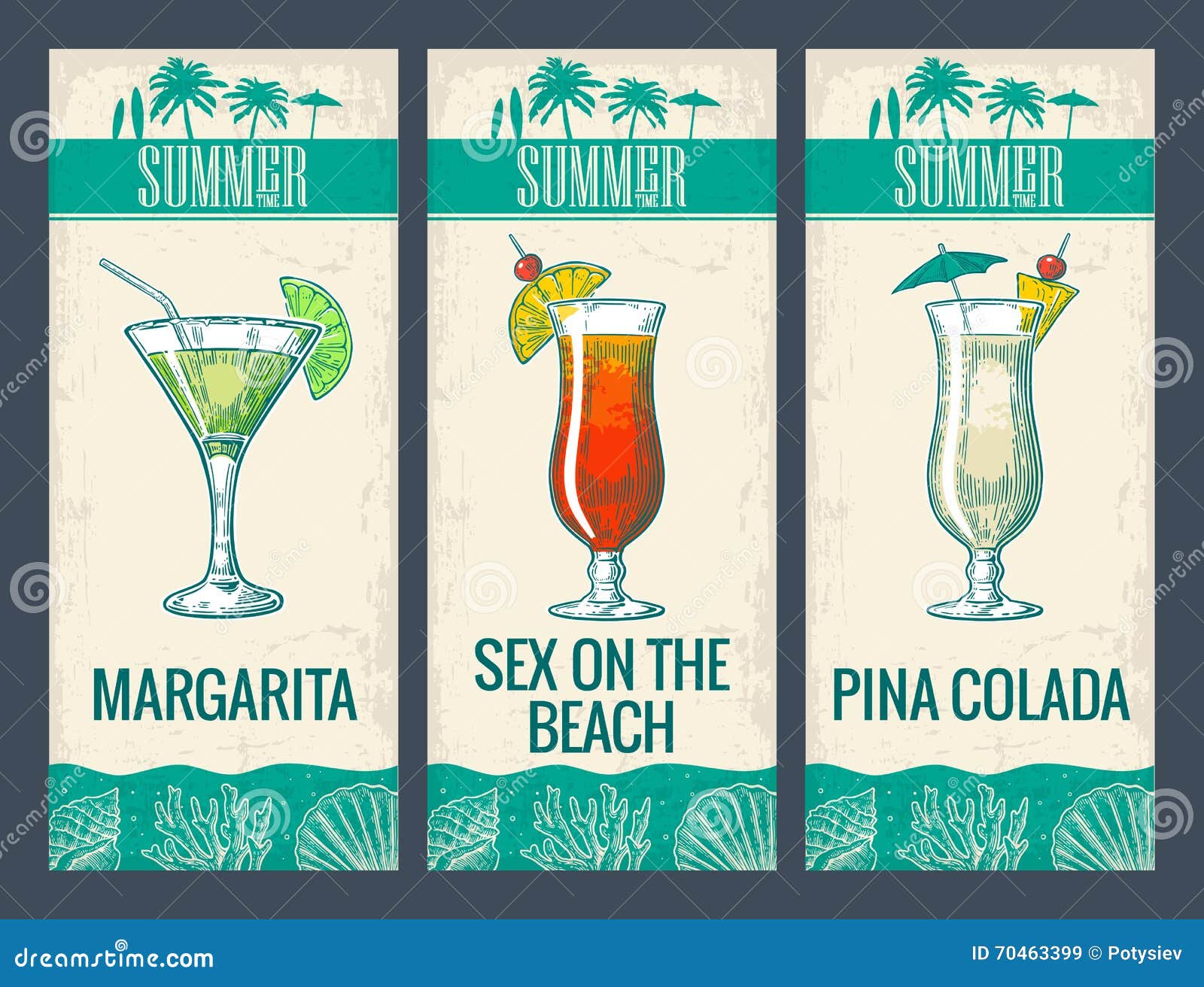 alcohol cocktail set. margarita, sex on the beach, pina colada.