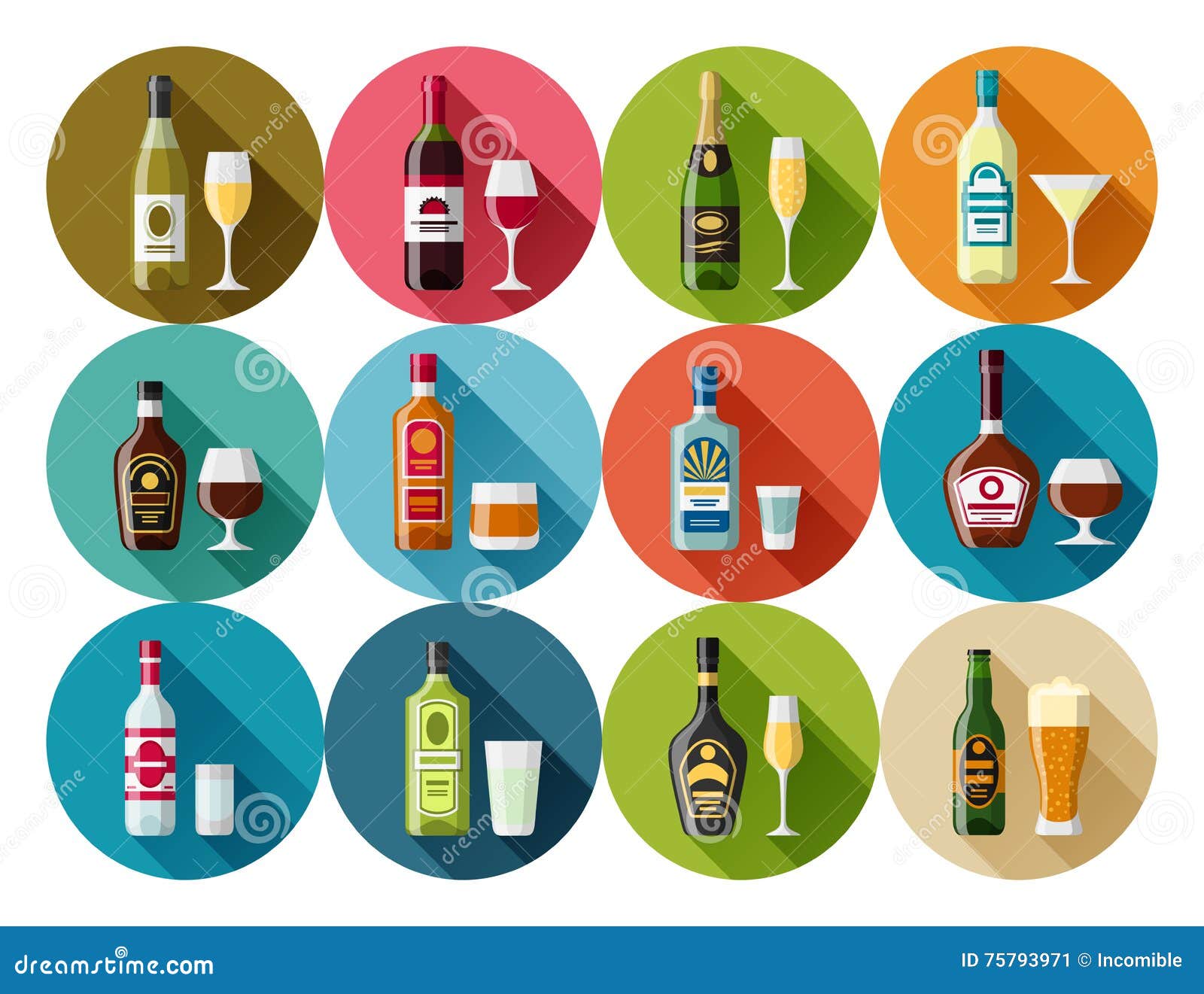 Alcohol Drinks Icon Set. Bottles, Glasses for Restaurants and Bars