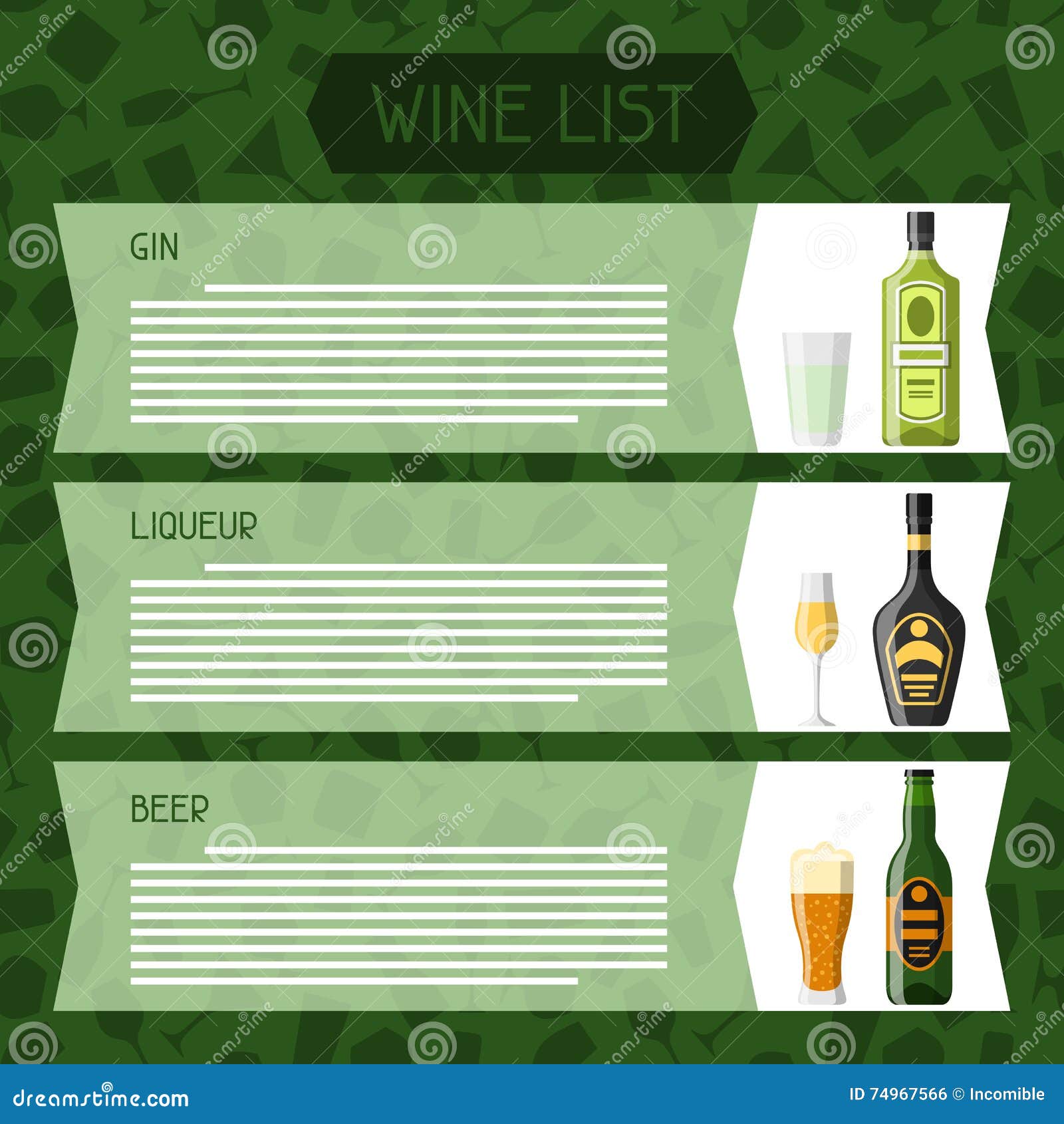 Alcohol Drinks Menu or Wine List. Bottles, Glasses for Restaurants and Bars Stock Vector