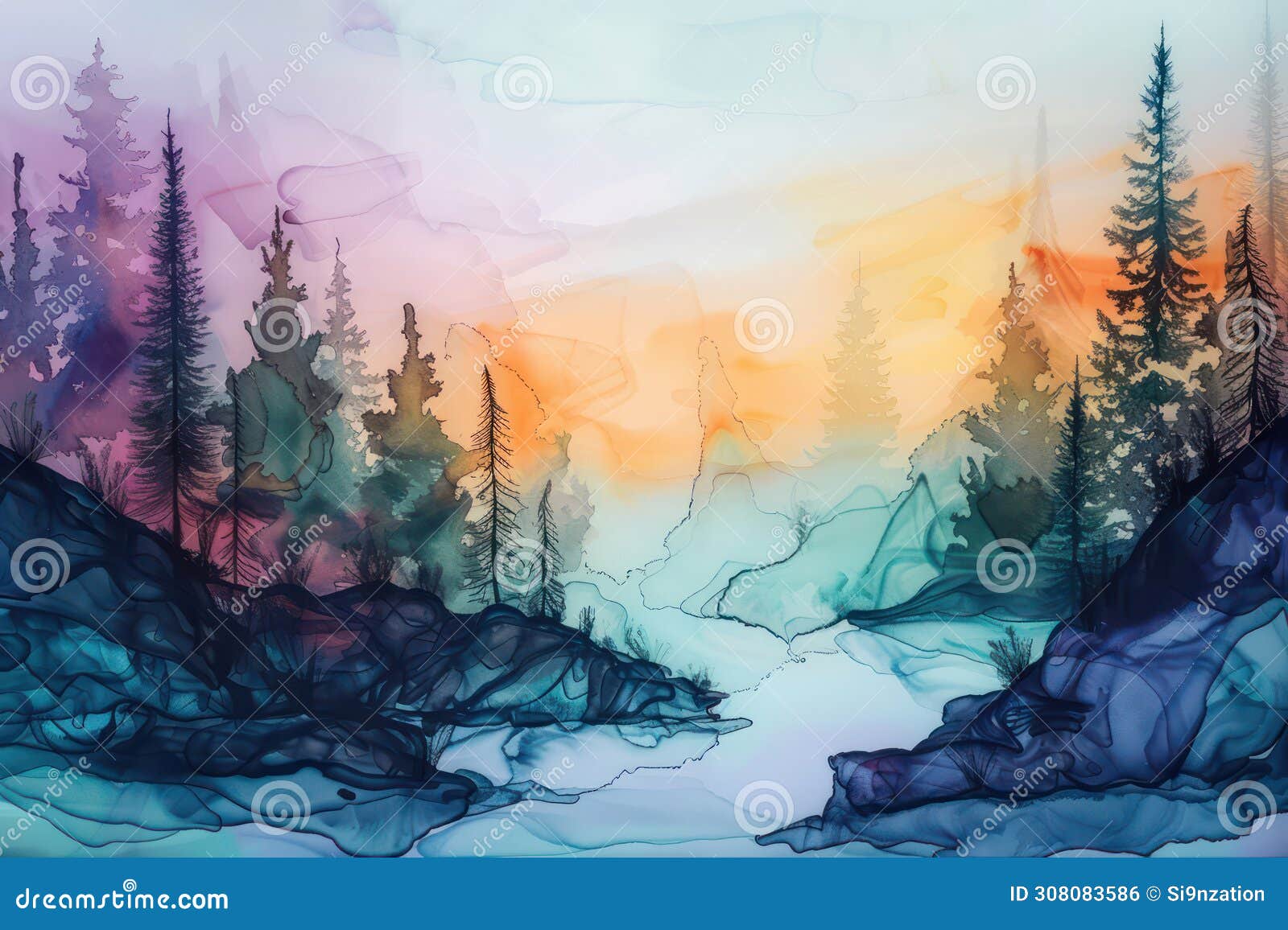 alcohol ink painting thin black outline strong colours a mountain river lined with trees