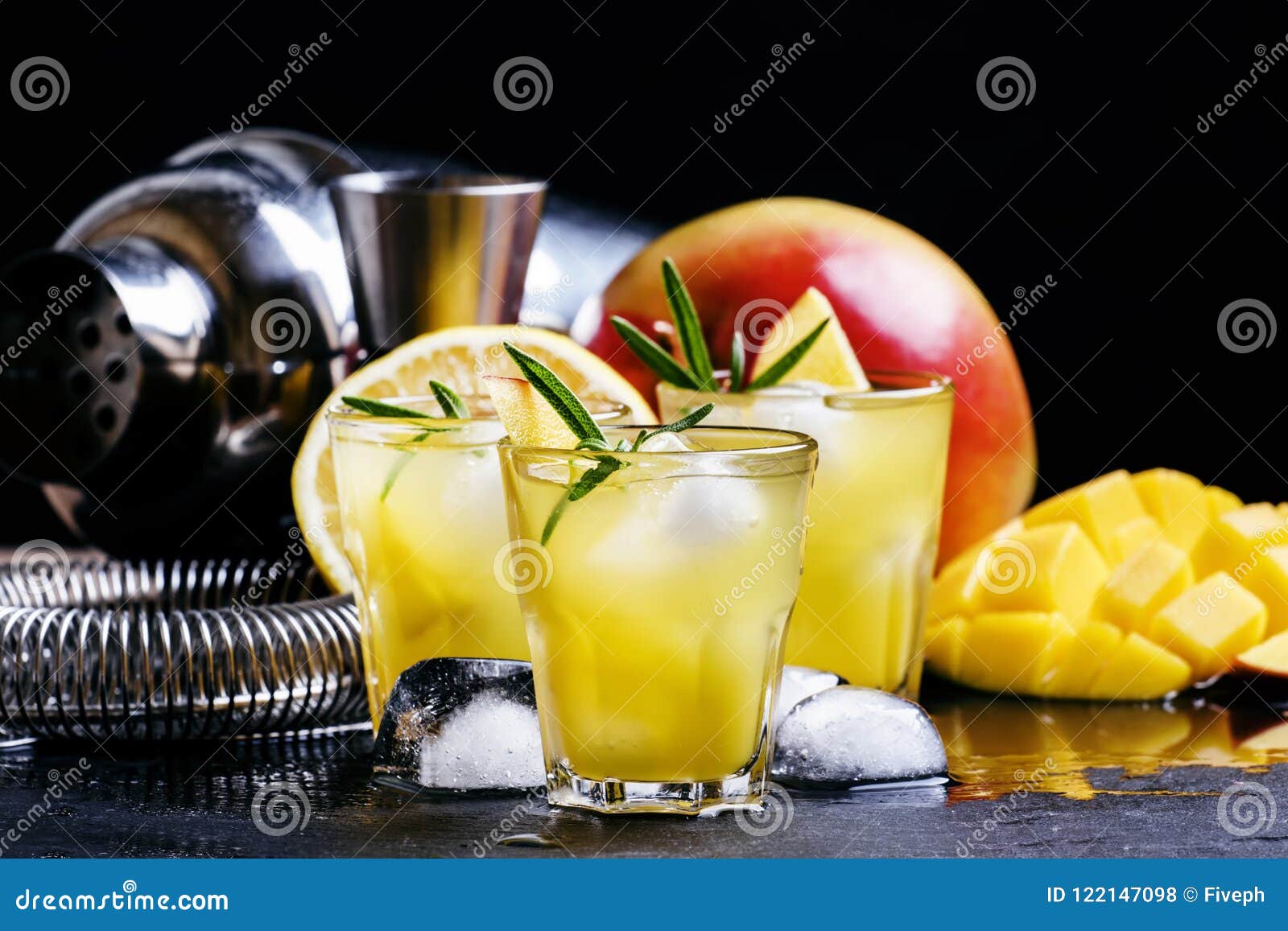 alcoholic cocktail, mango rum collins, with syrup, lemon juice,