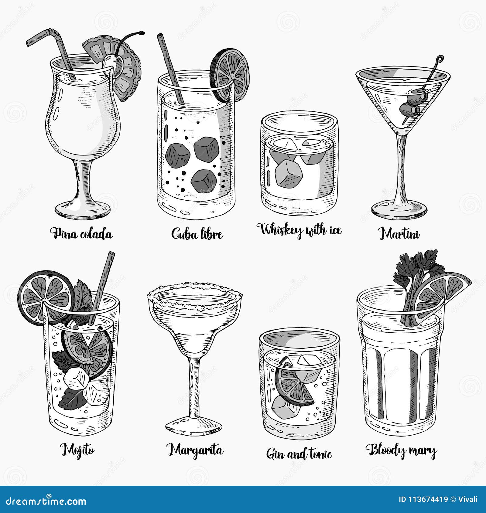 Hand Drawn Black Color Sketch Cocktails Set Vector Illustration Stock  Illustration - Download Image Now - iStock