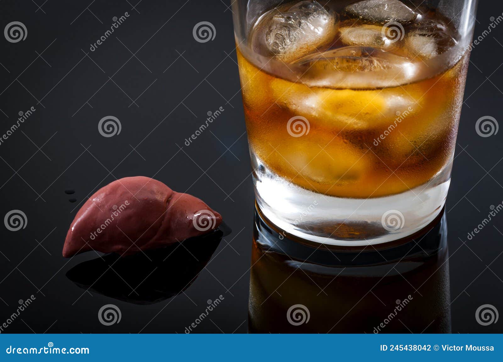 alcoholic liver damage and cirrhosis concept with a liver next to a glass of alcohol. cirrhosis is most commonly caused by