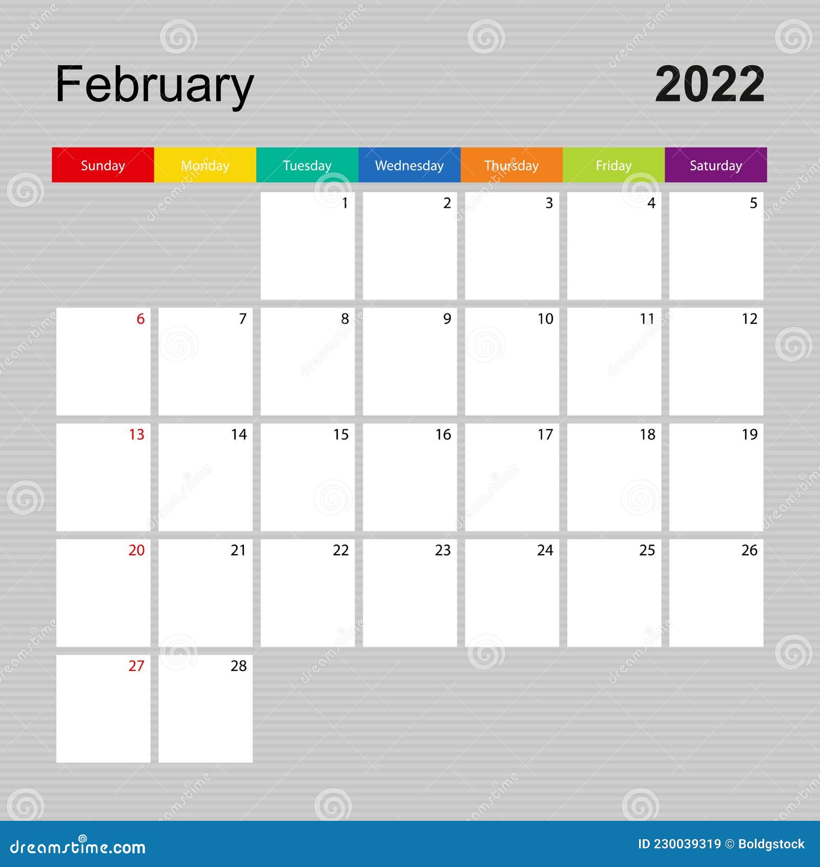 ÃÂ¡alendar page for february 2022, wall planner with colorful . week starts on sunday