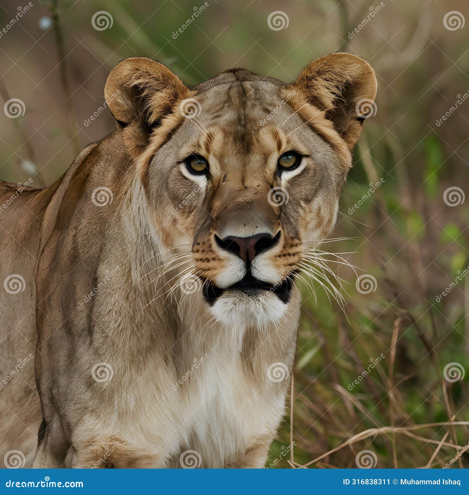 alert lioness surveys wilderness surroundings with intense focus