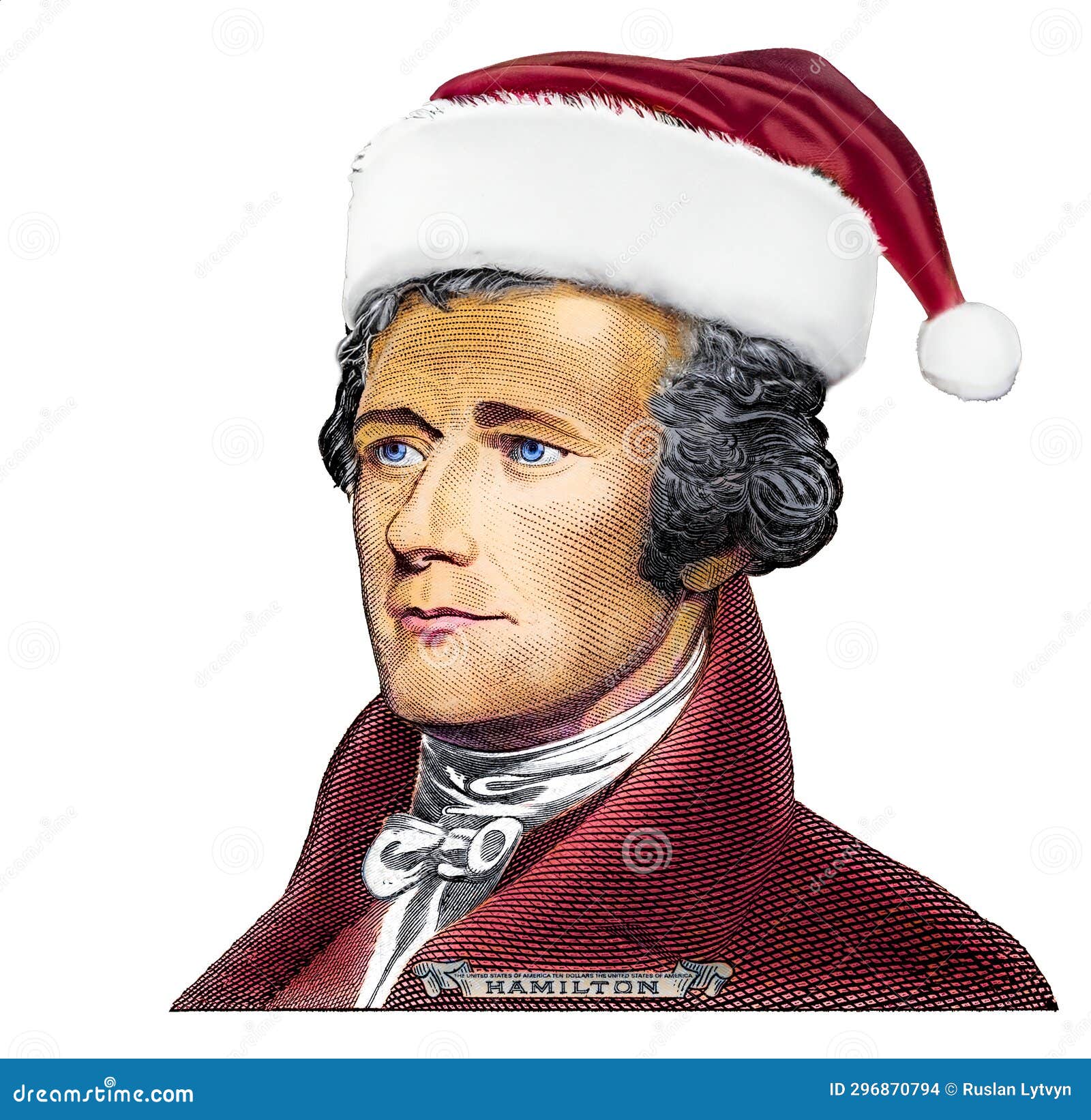 Alexander Hamilton from US 10 Dollar Banknote in Santa Claus Hat Stock