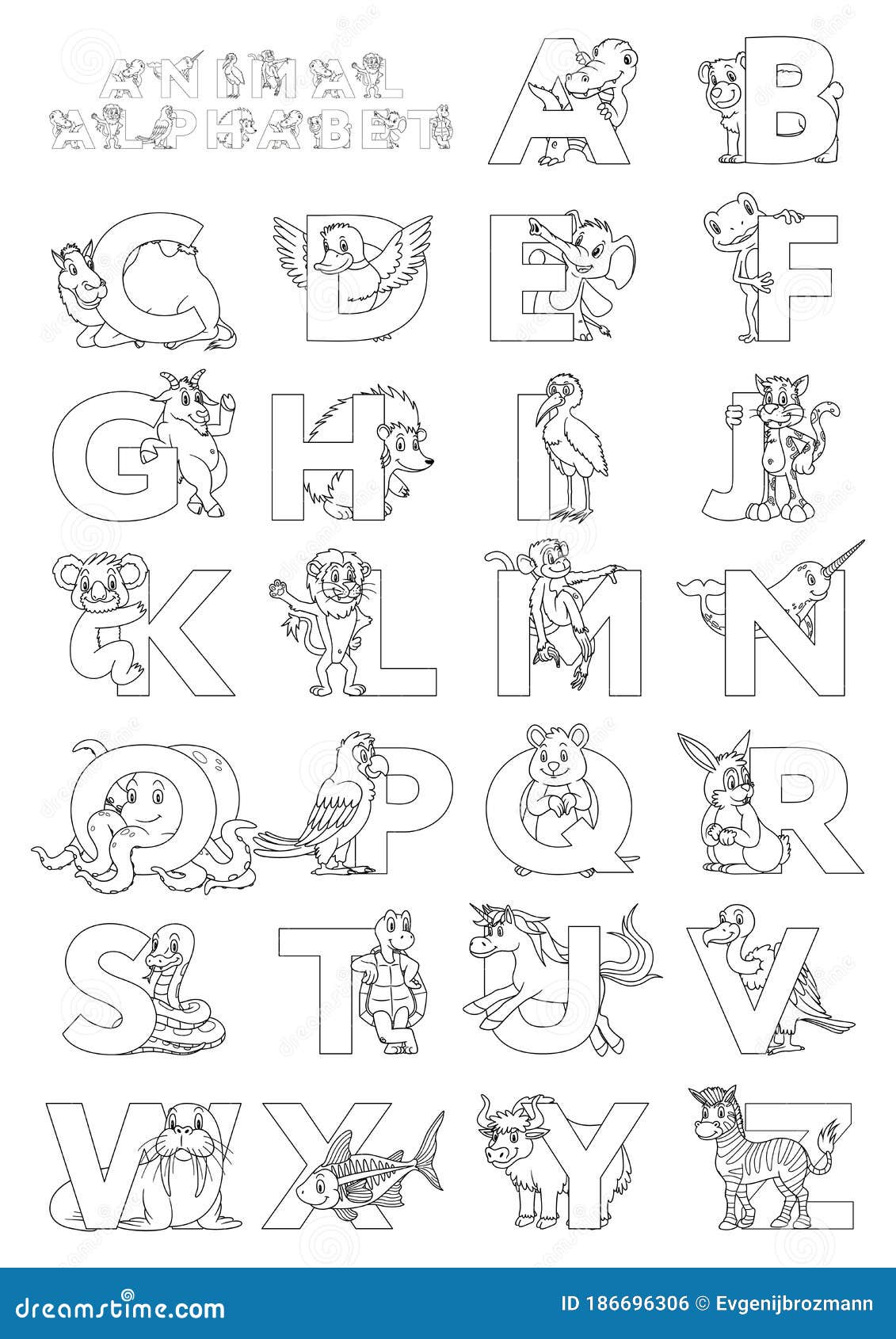 Alfabeto de livro para colorir de animais isolado no fundo branco
