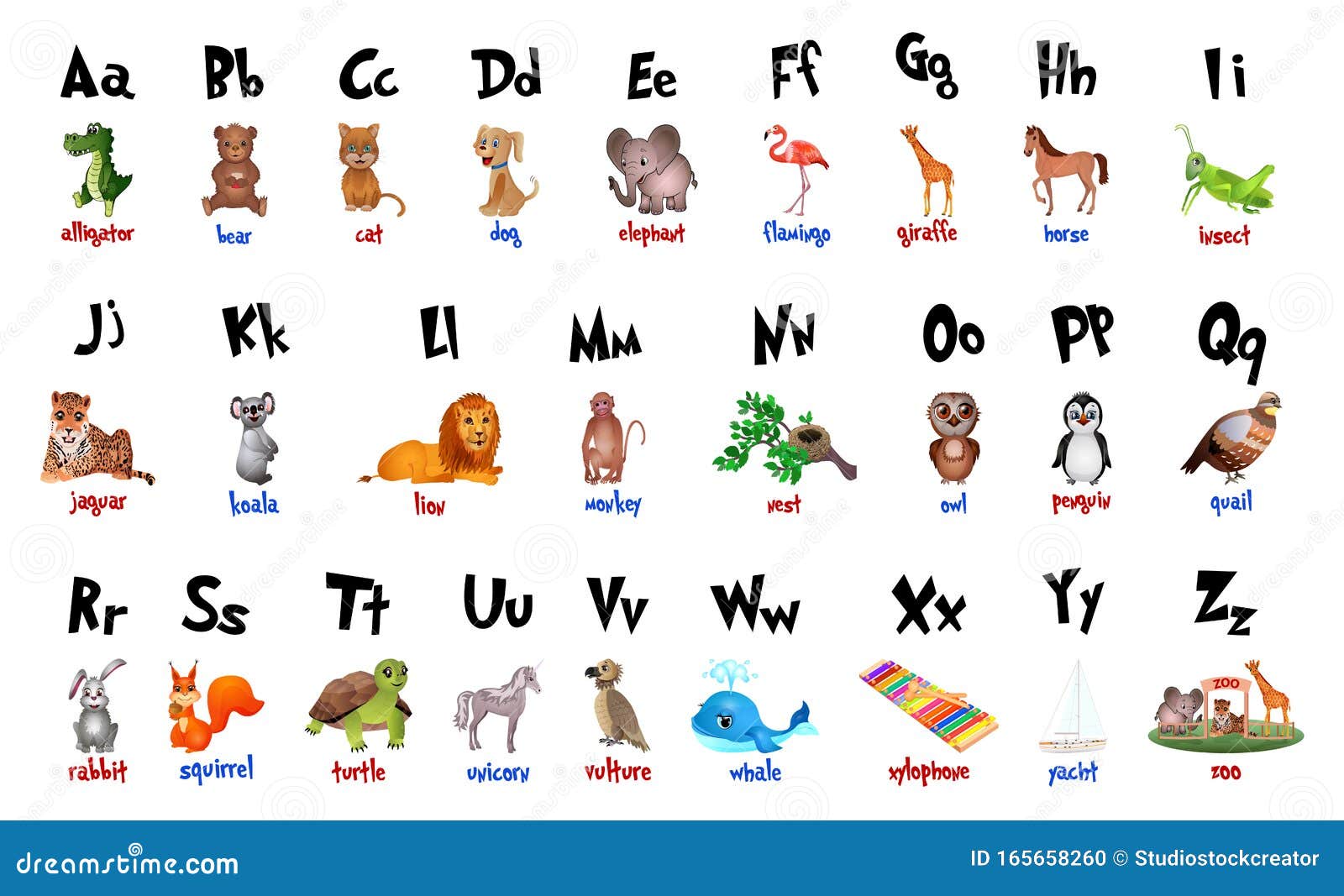 Alfabeto De Animales De Dibujos Animados Para La Educación De Los Niños  Ilustraciones Vectoriales Ilustración del Vector - Ilustración de carta,  icono: 165658260