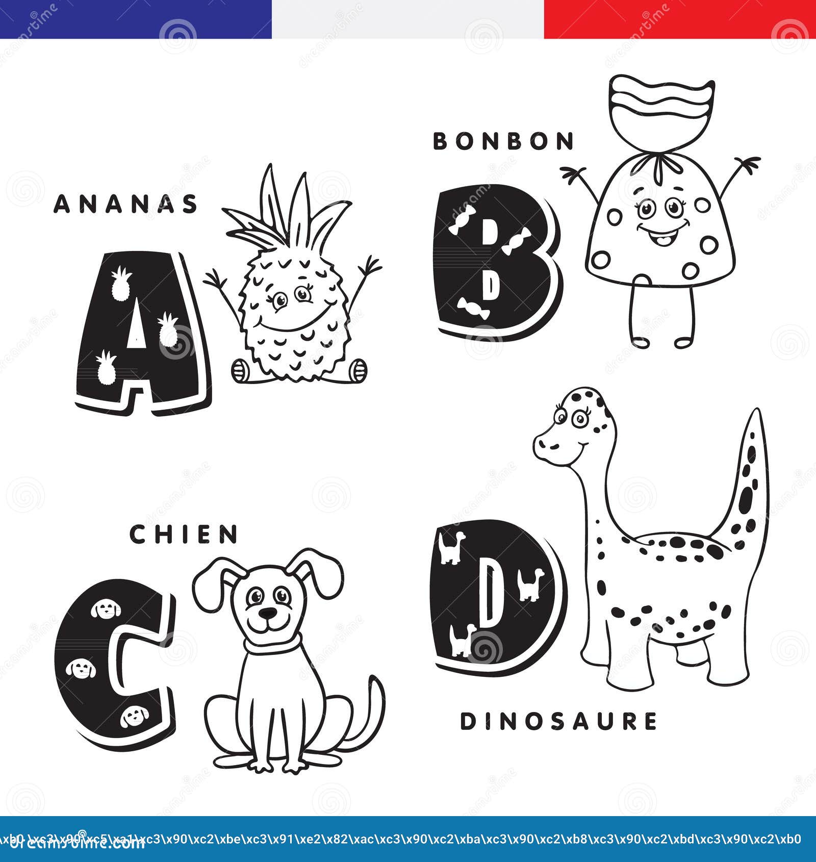 Alfabeto Francese Ananas Dolce Cane Dinosauro Lettere E Caratteri Di Vettore Illustrazione Vettoriale Illustrazione Di Opzioni Insieme