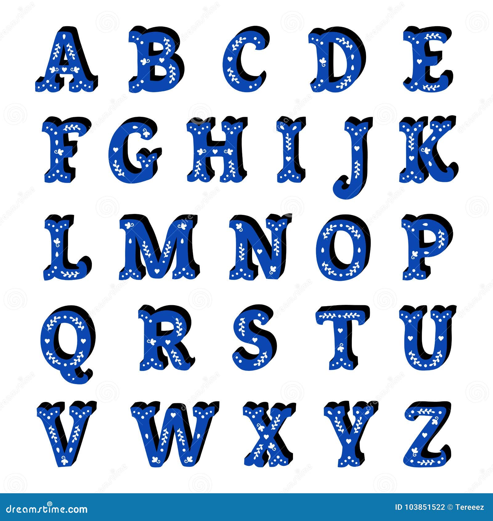 Alfabeto Spagnolo Isolato Decorato Floreale Blu Di Stile Delle Lettere Illustrazione Vettoriale Illustrazione Di Font Floreale