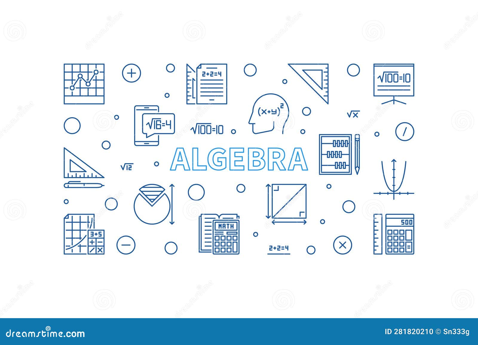 Algebra Concept Outline Horizontal Blue Banner Vector Illustration