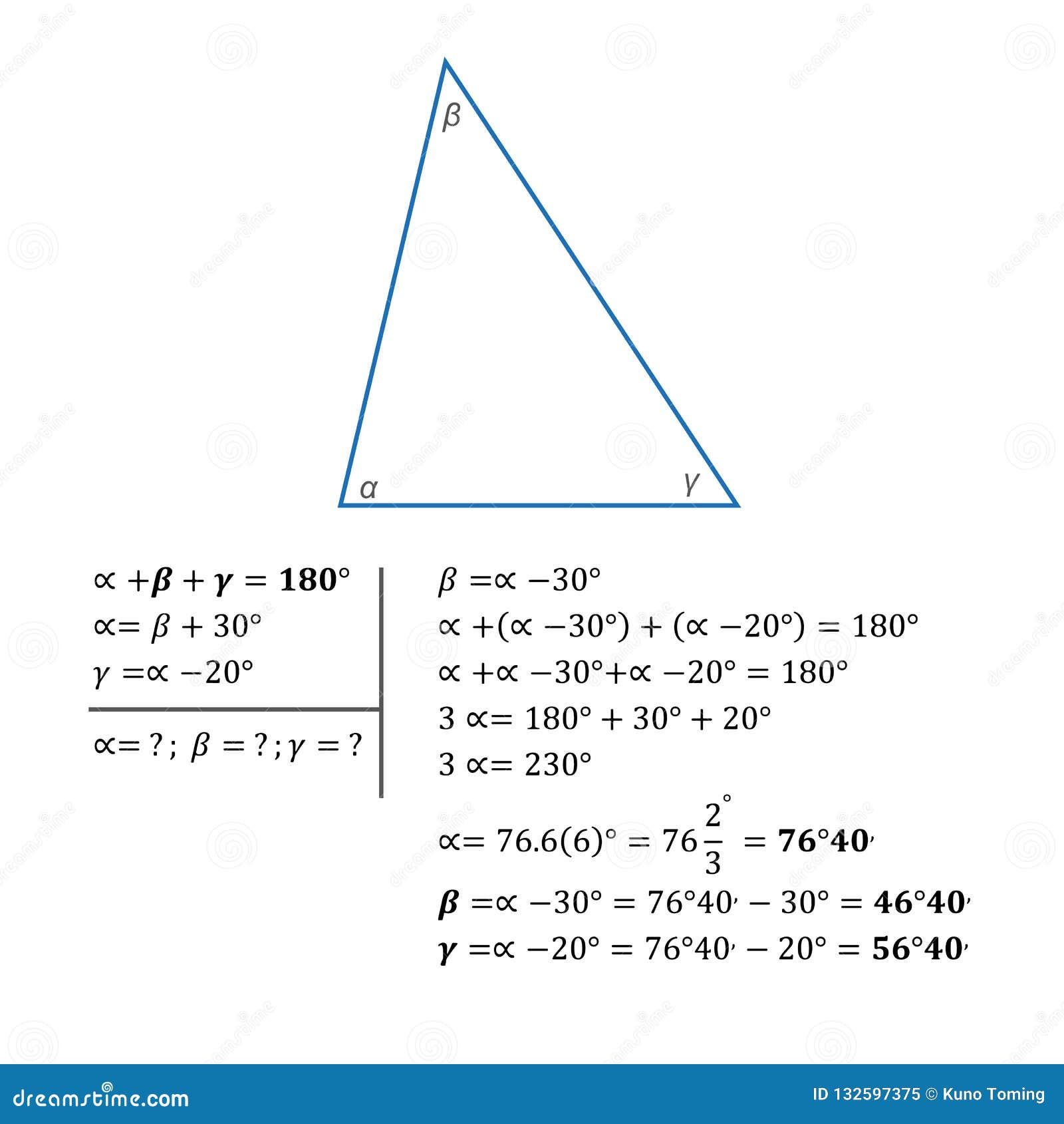 Algebraic Equation with One Variable Integers Angles in Degrees Stock