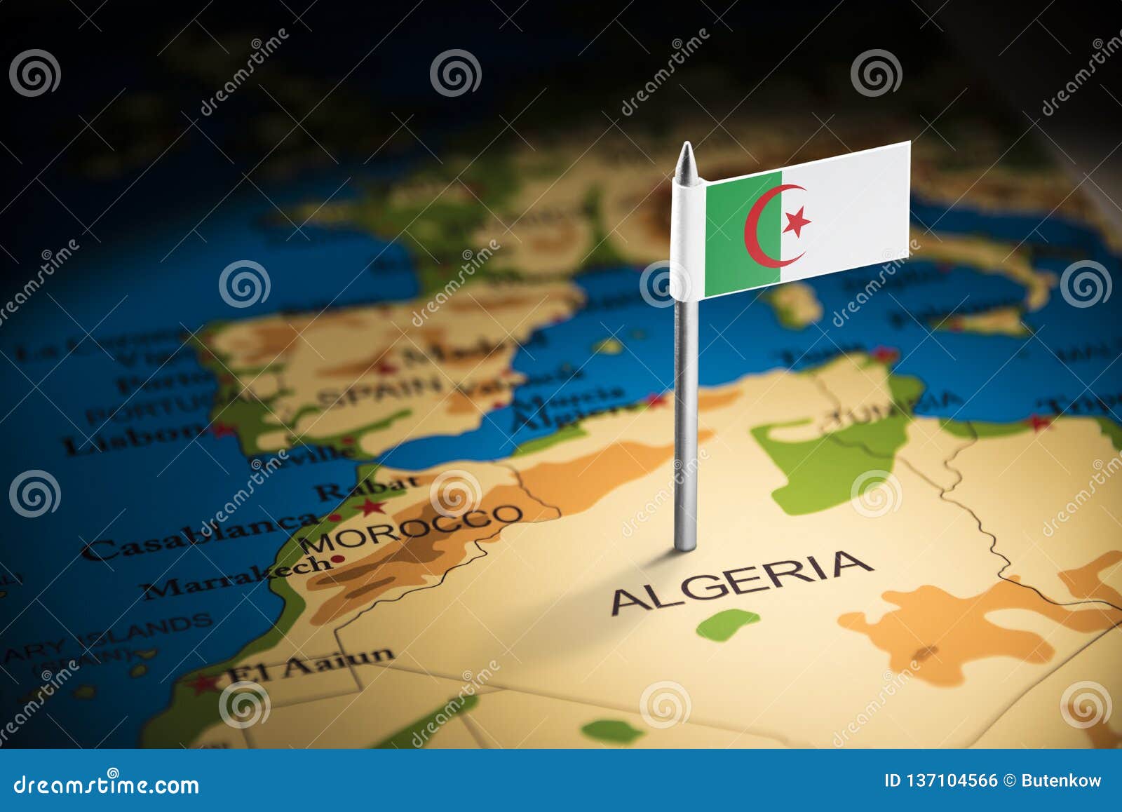 algeria marked with a flag on the map