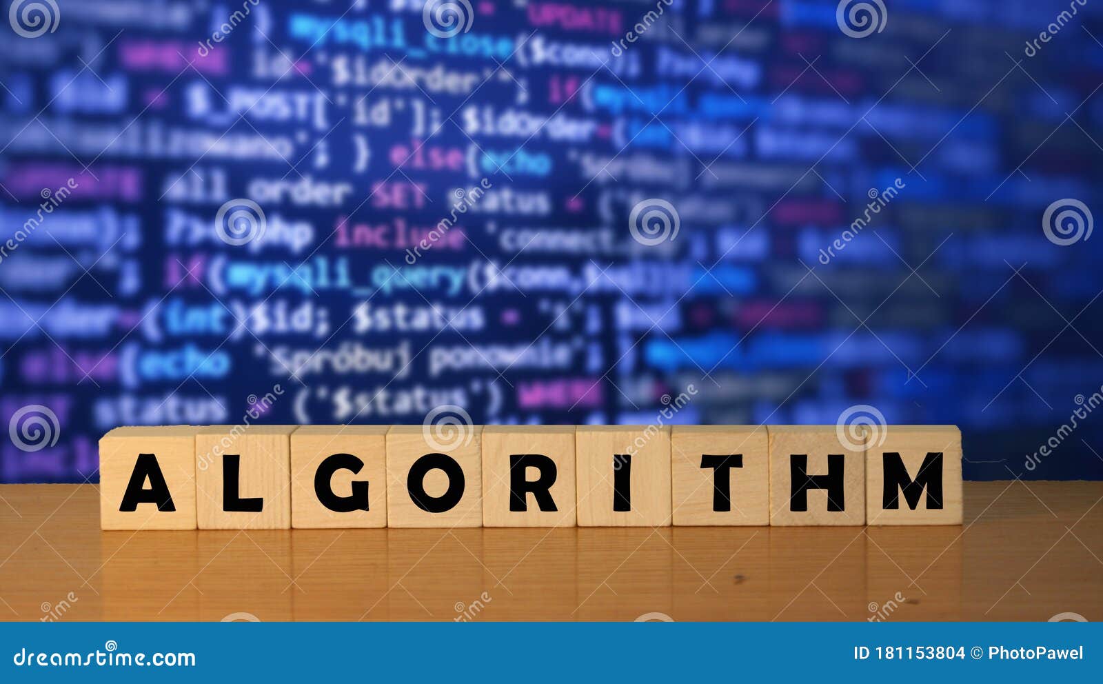 ALGORITHM Message Word on a Wooden Desk on Cube Blocks with a Blue Code ...