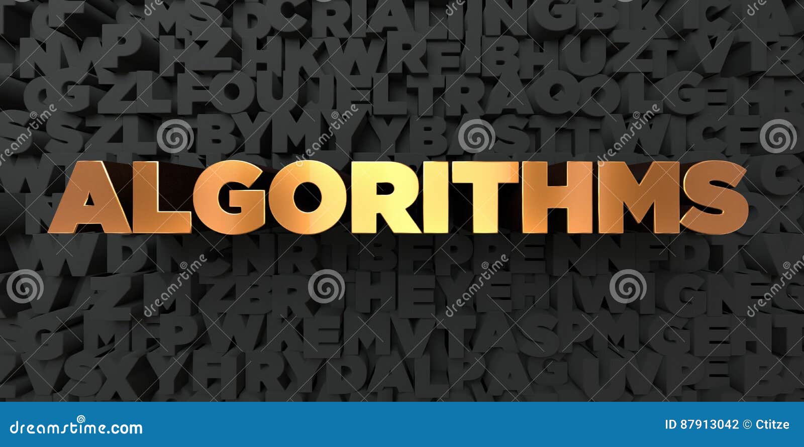algorithms - gold text on black background - 3d rendered royalty free stock picture