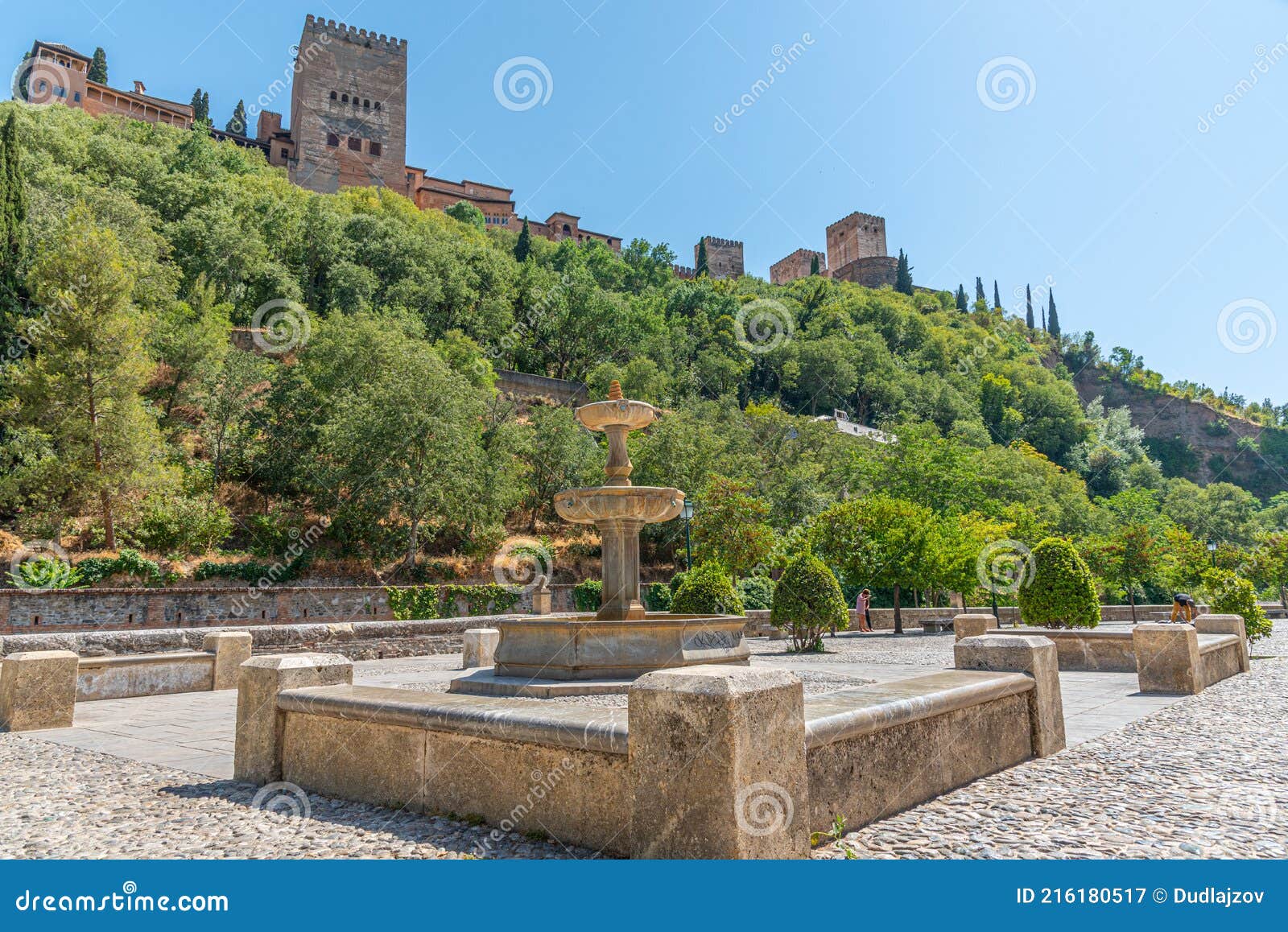 alhambra palace viewed from paseo de los tristes in granada, spain