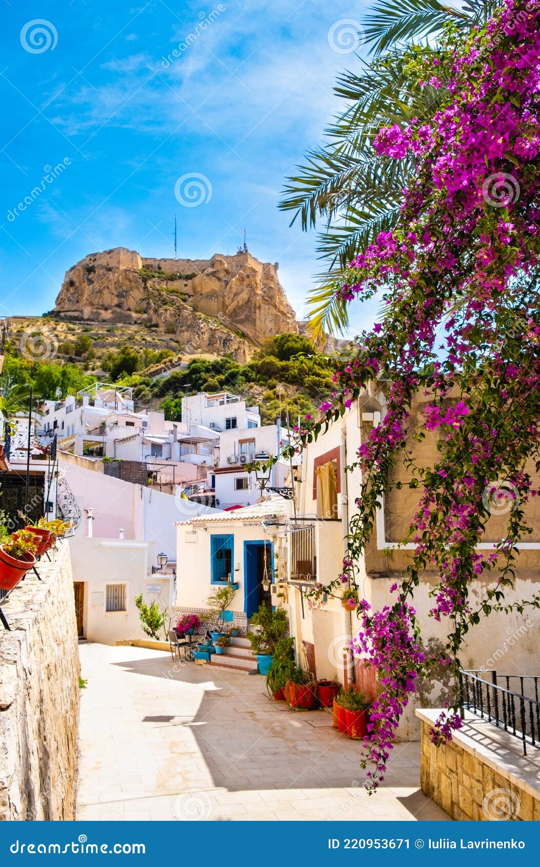 alicante old town and santa barbara castle. narrow street with white houses and purple flowers on hillside in ancient
