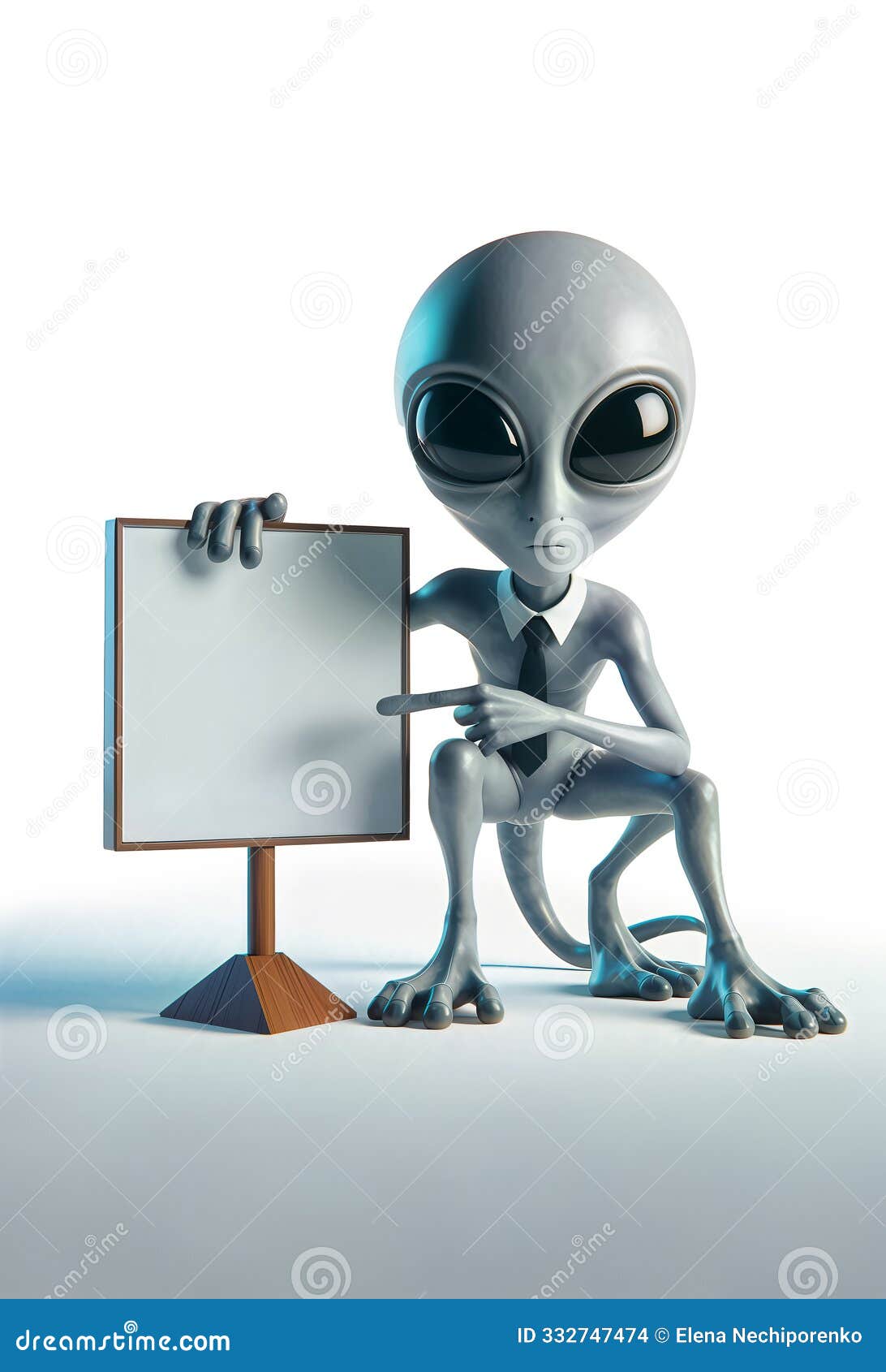 an alien, dressed in a tie, points at a blank board as if presenting or explaining something