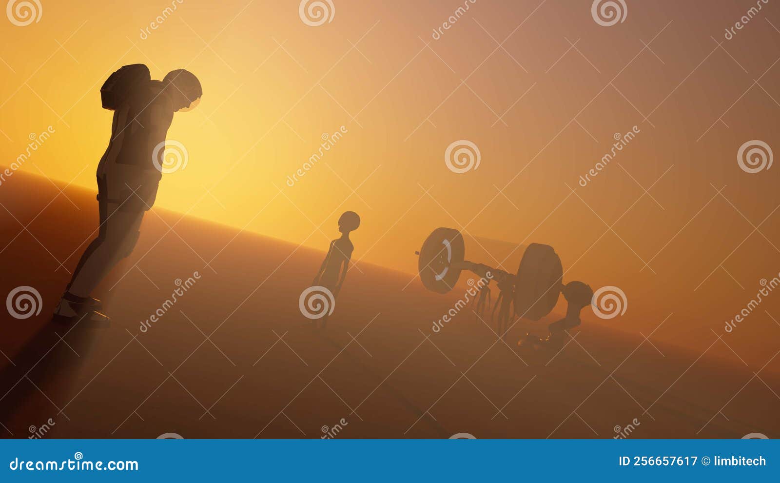 alien encounter on mars. realistic 3d  showing martian landscape
