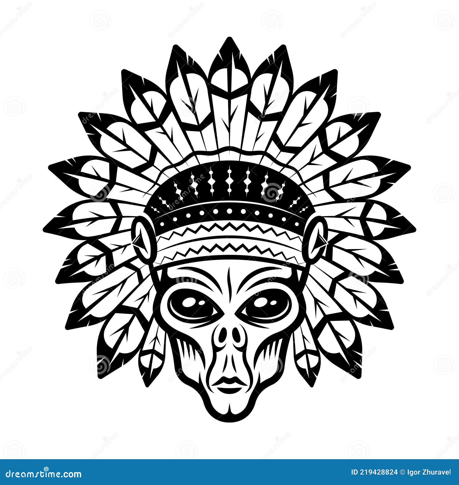 Alien Head in Indian Headdress Vector Illustration in Monochrome ...