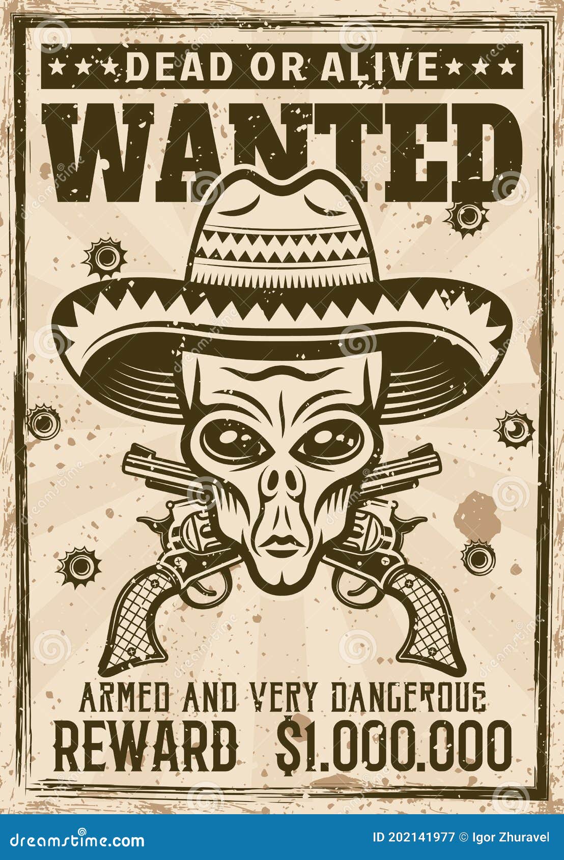 Wanted Dead Alive Silhouette Mexican Gunslinger Stock Vector