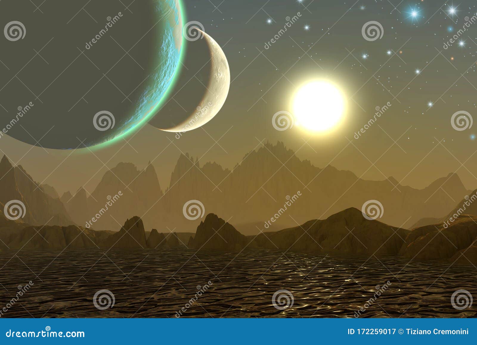 alien landscape, planetary system with two moons, mountains and sea with sun, 3d 