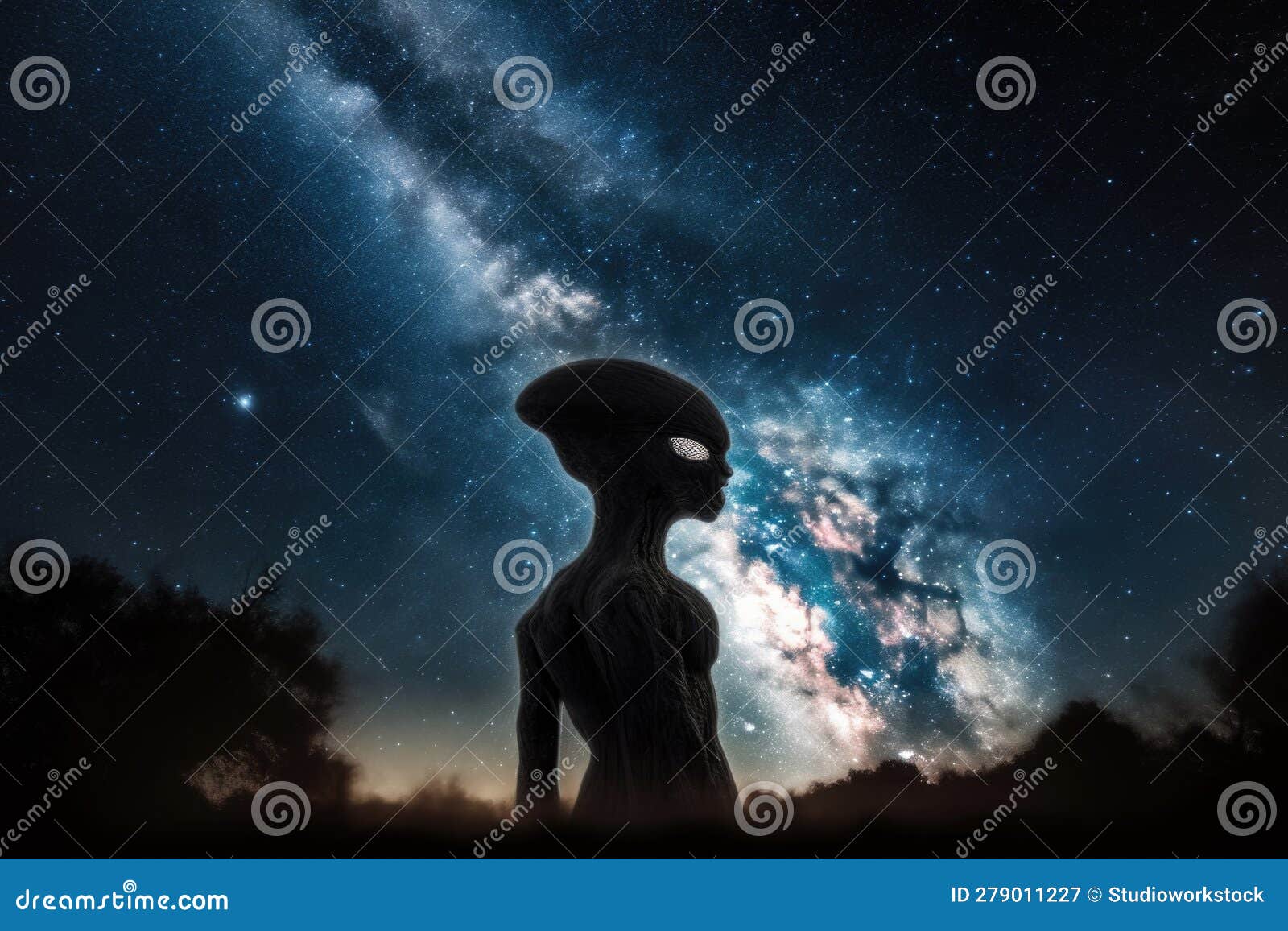 alien life form observing the night sky with stars shining