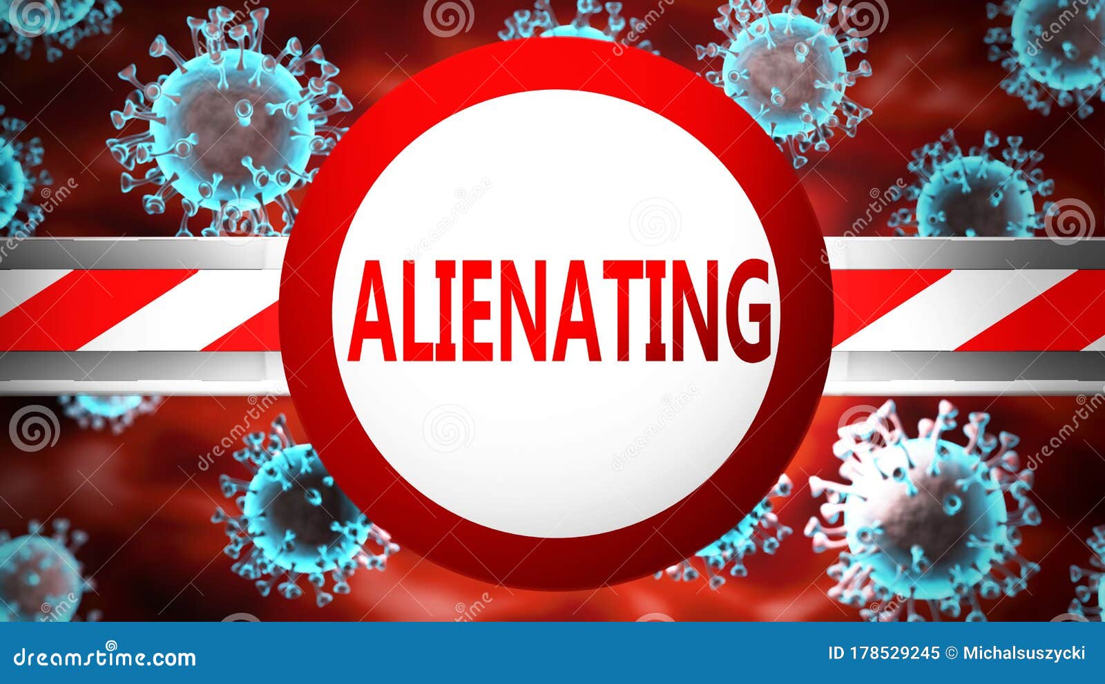 alienating and covid, pictured by word alienating and viruses to ize that alienating is related to coronavirus pandemic, 3d
