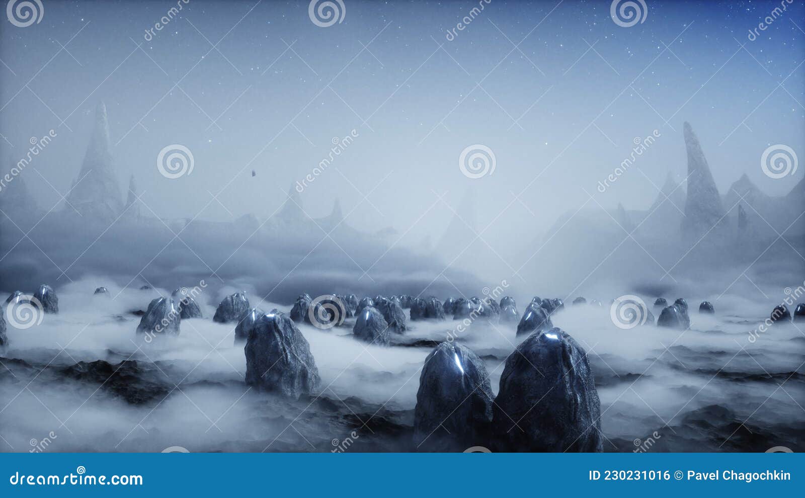 aliens eggs on alien planet. mars surface. ufo concept. 3d rendering.
