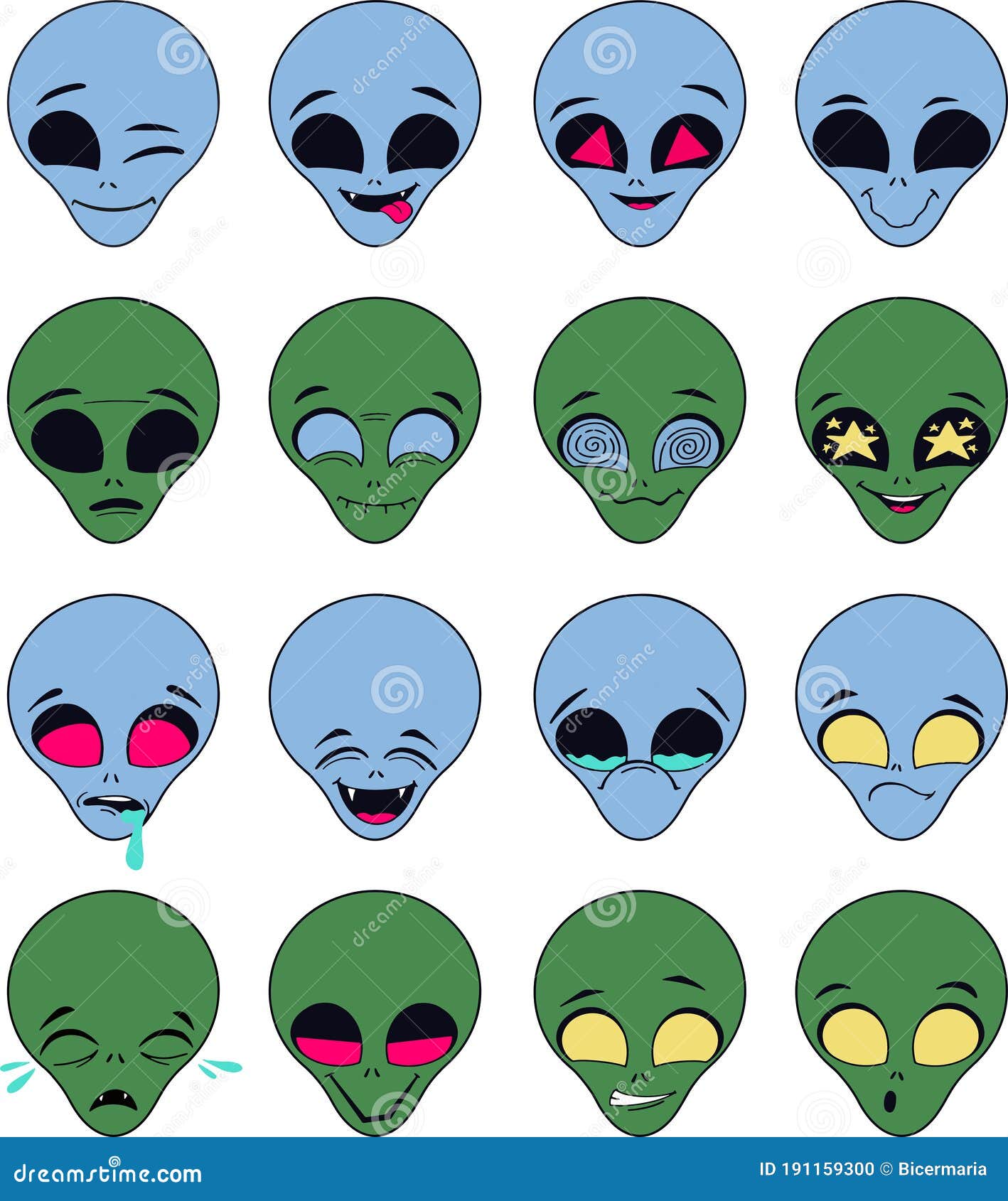 Cartoon Image of a Set of Funny Green and Blue Aliens Faces with ...