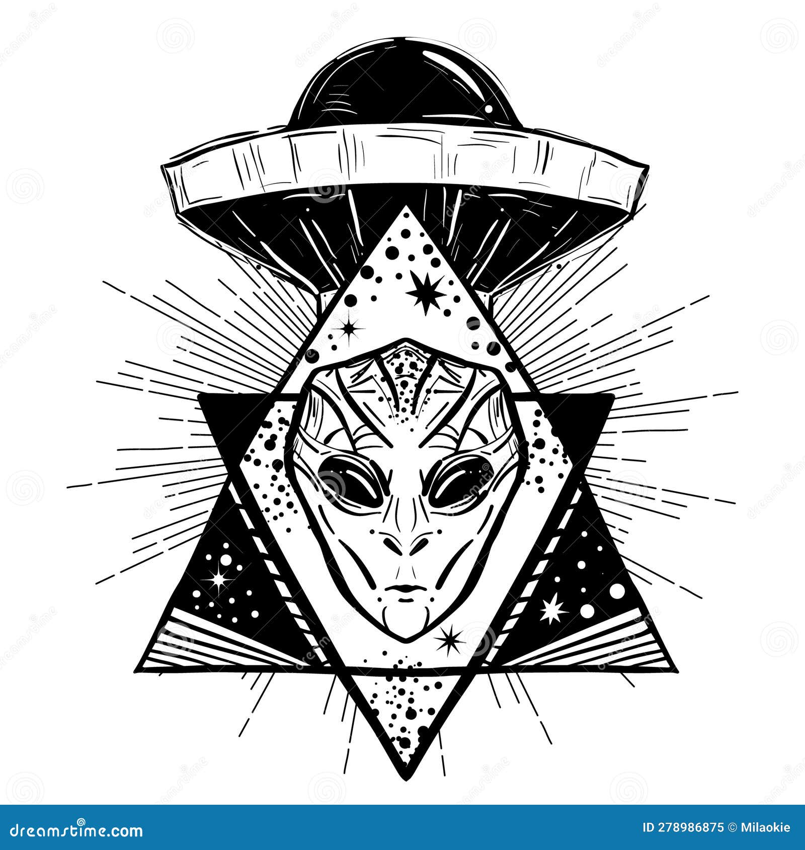 UFO Tattoo Art and T-shirt Design. Invasion of Aliens. Mystical Symbol ...
