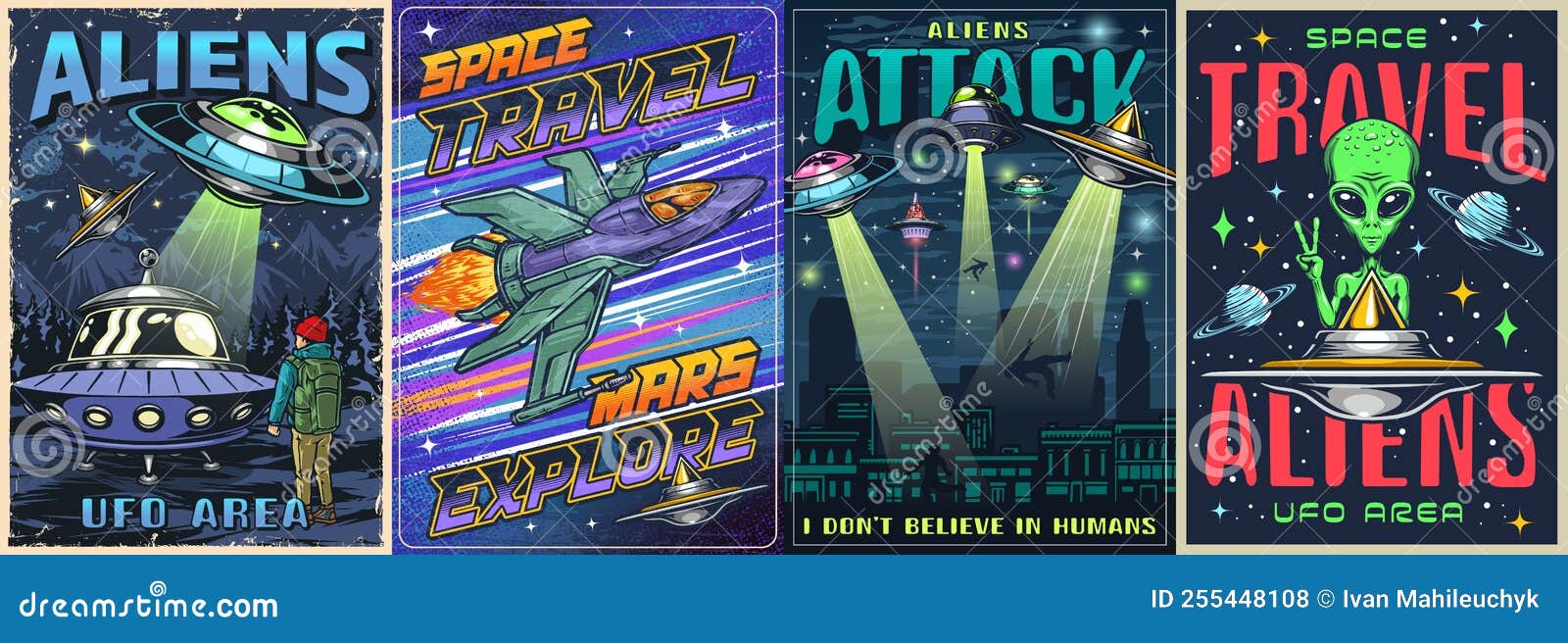 aliens set colorful vintage posters