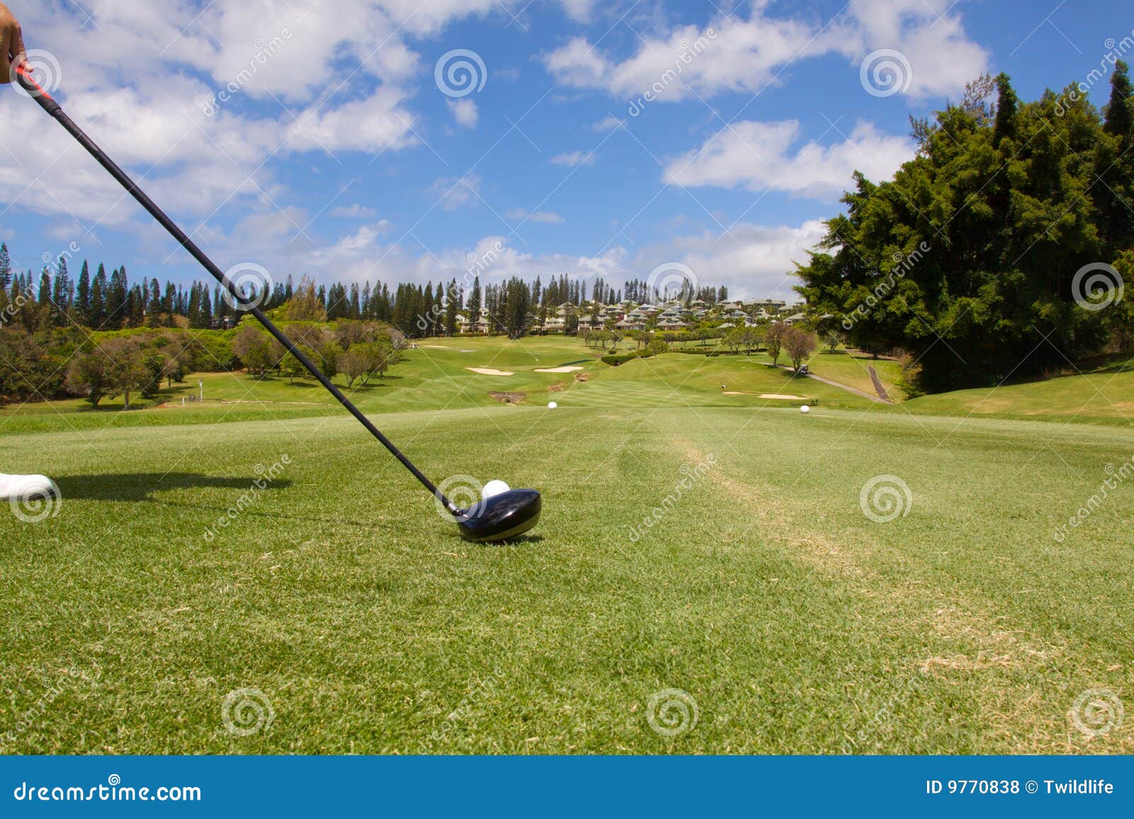 Aliste para golpear el mecanismo impulsor. Un golfista que trata la bola en el rectángulo de la te en el agujero bonito del golf