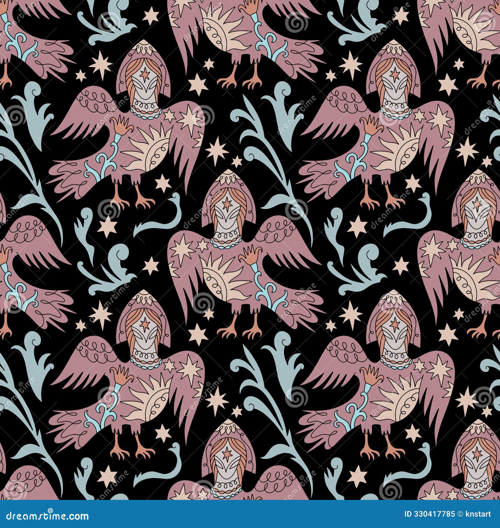 alkonost syrin folk slavic mythology bird woman character naif primitive folk style seamless pattern fairytale 