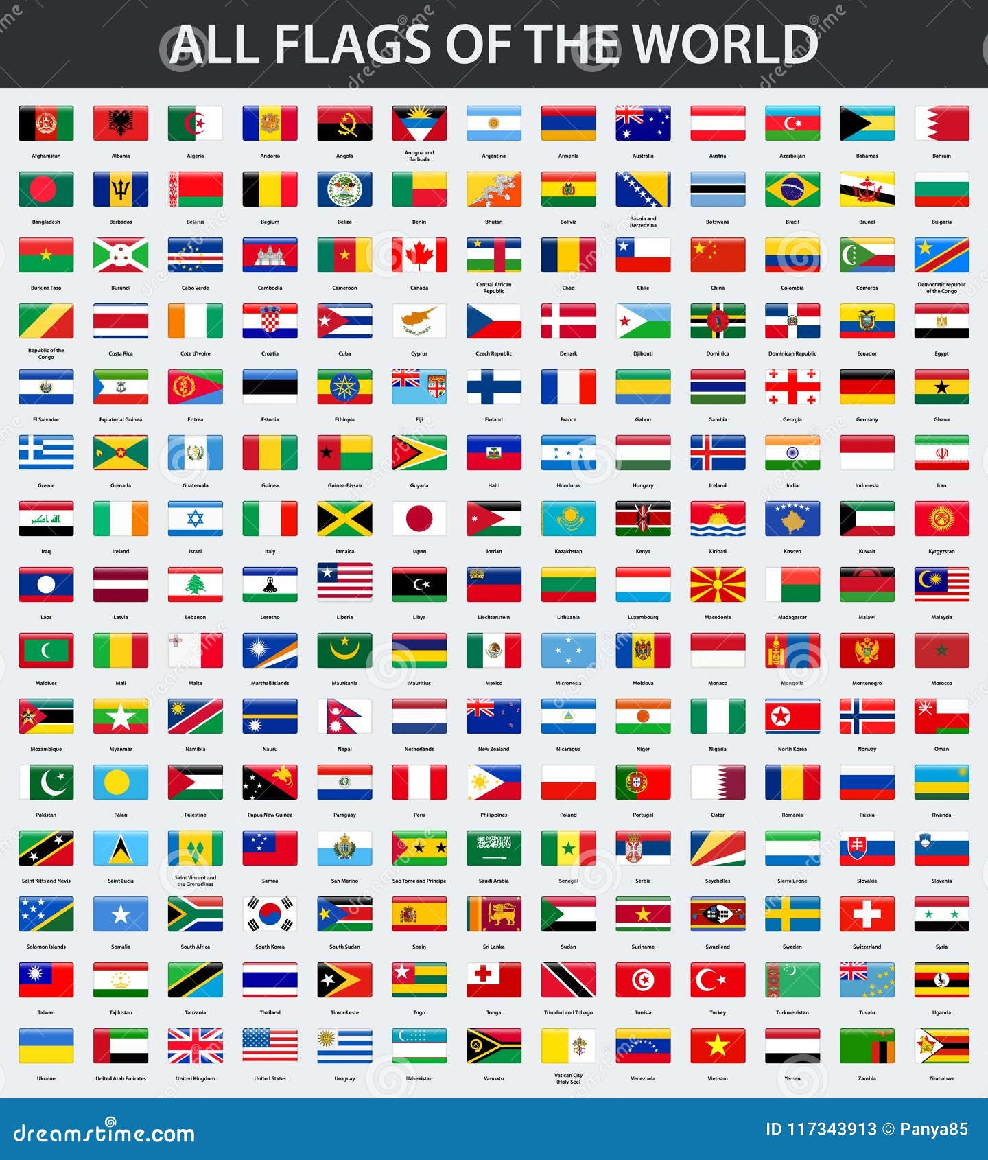 All Flags Of The World In Alphabetical Order Rectangle Glossy Style Stock Vector Illustration Of Brazil Continent