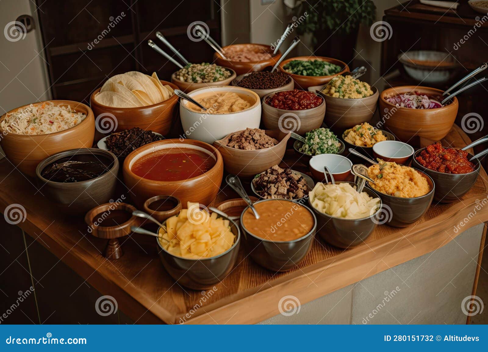 Allinclusive Taco Bar with Toppings, Sauces and Fixings Stock Photo