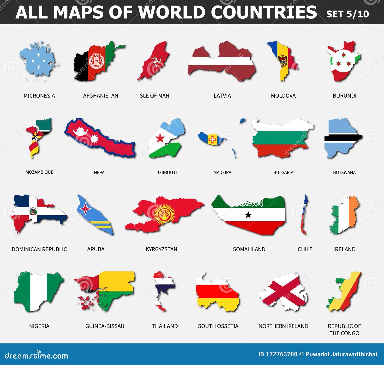 all maps of world countries and flags . set 5 of 10 . collection of outline  of international country map with shadow . flat