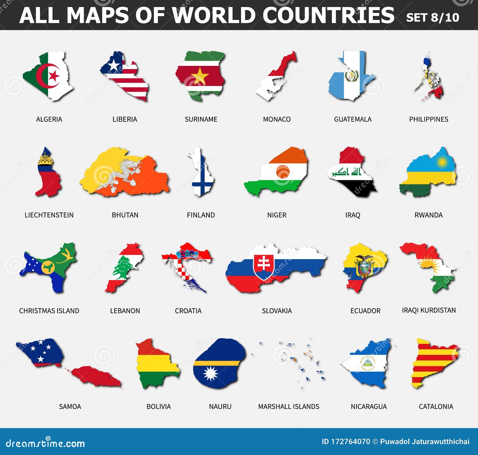 all maps of world countries and flags . set 8 of 10 . collection of outline  of international country map with shadow . flat
