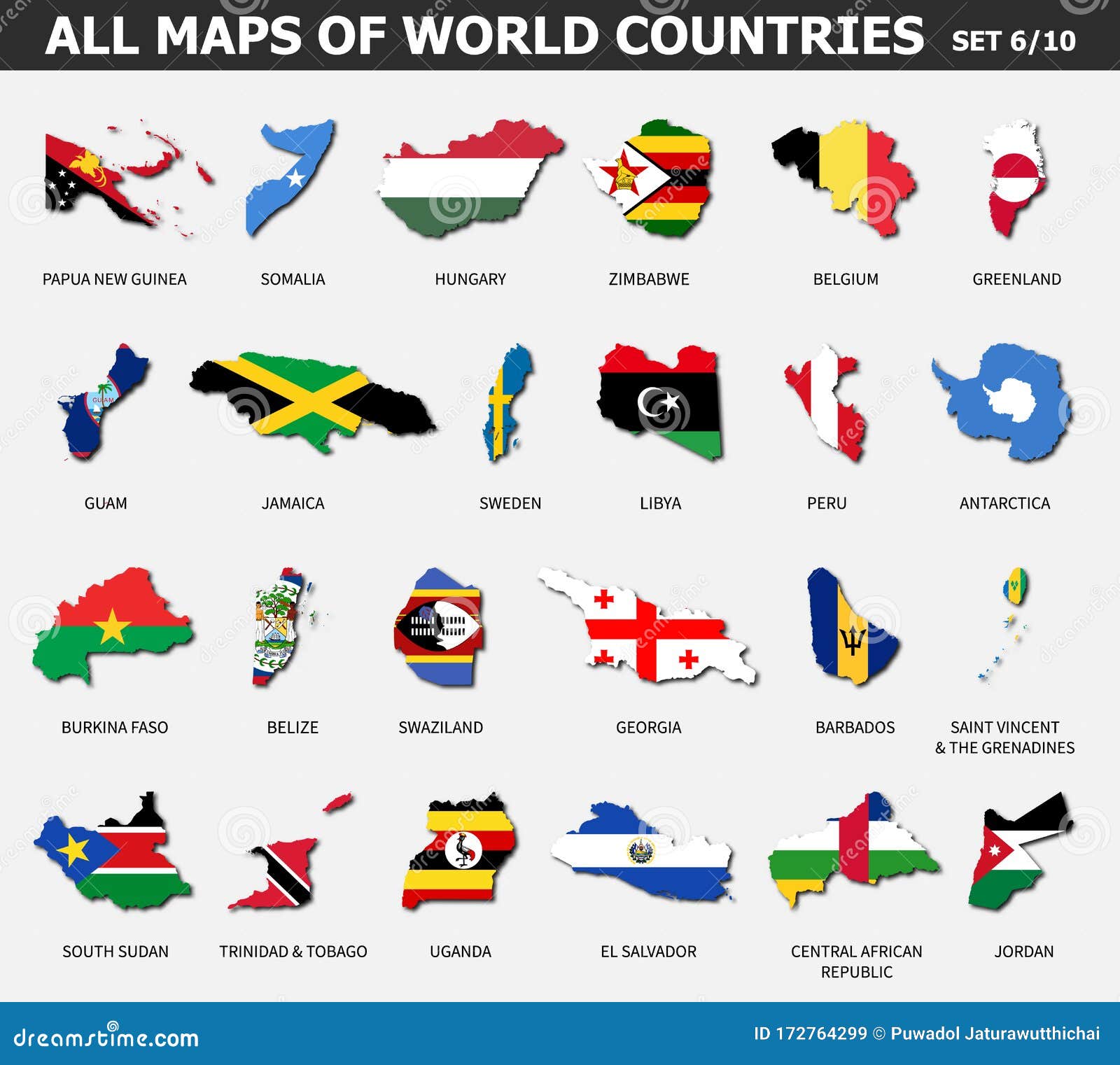 all maps of world countries and flags . set 6 of 10 . collection of outline  of international country map with shadow . flat