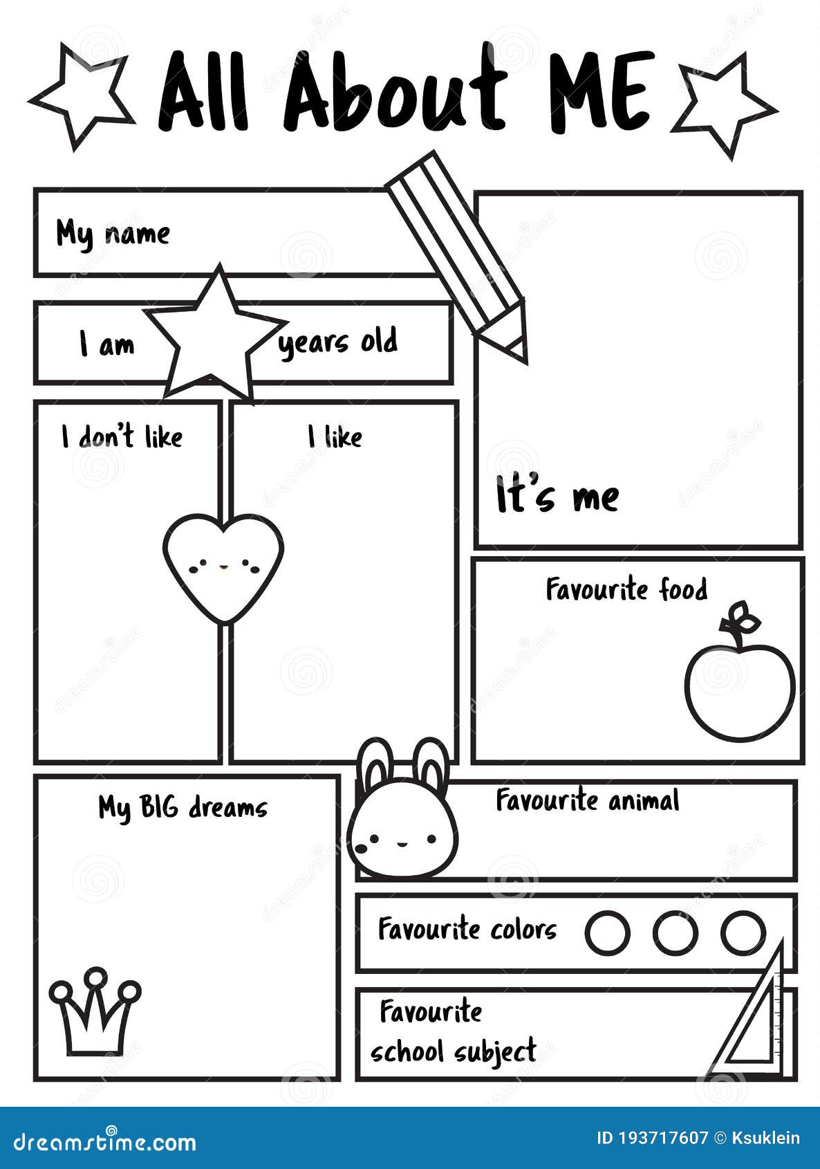 all about me printable sheet. writing prompt for kids blank. educational children page.