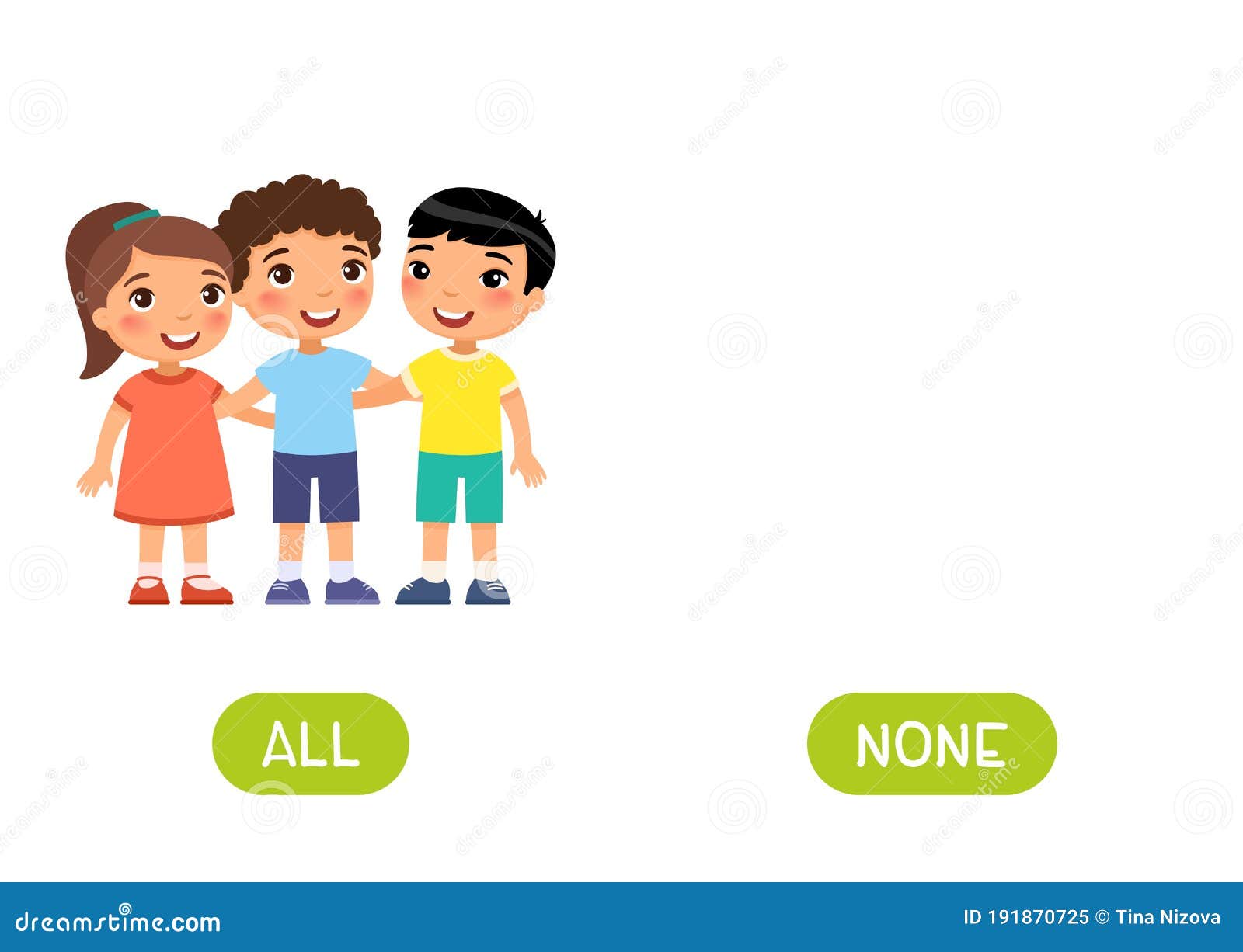 all and none antonyms word card  template. flashcard for english language learning.