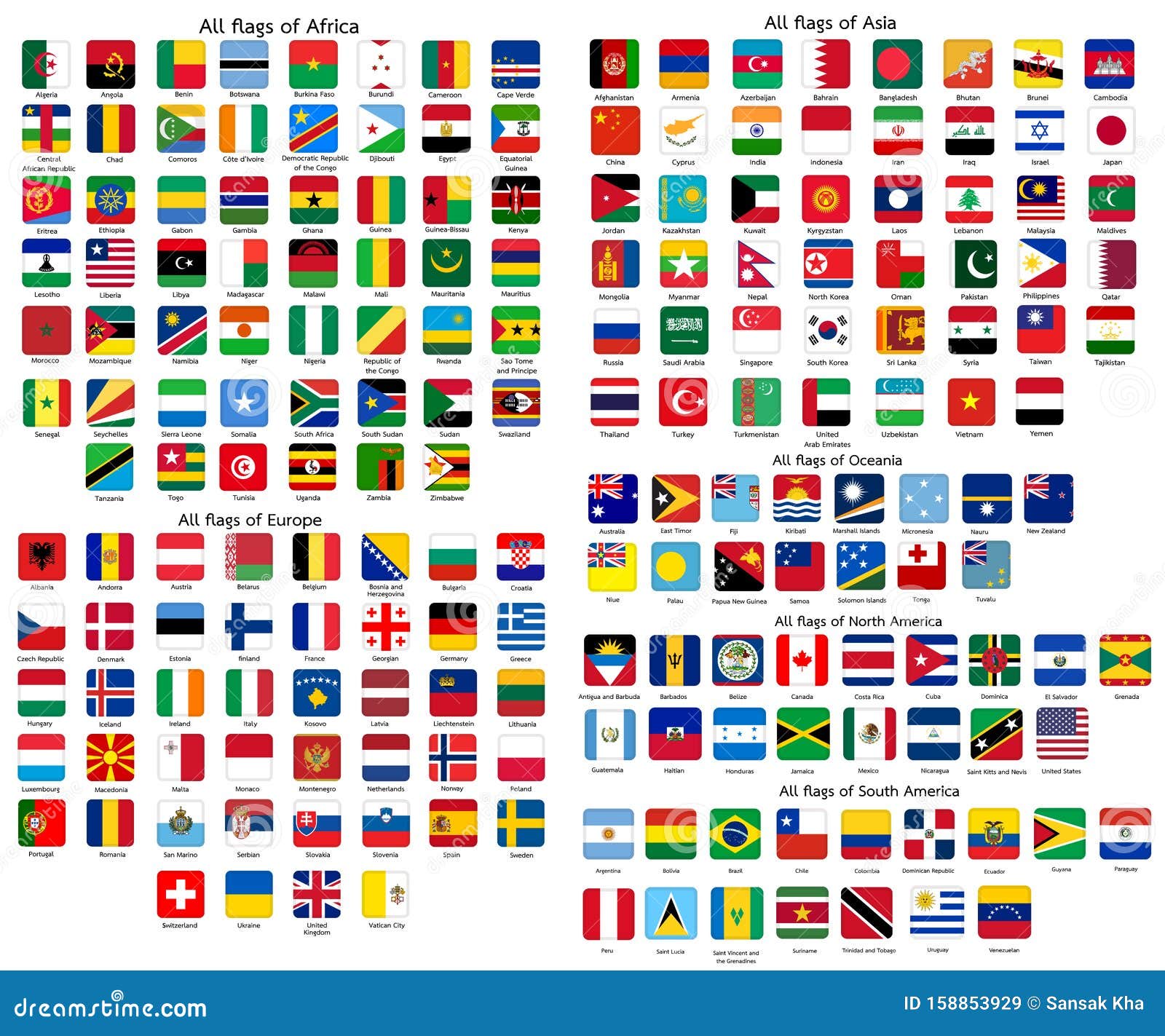 All Official National Flags of the World Button Square Design Vector ...