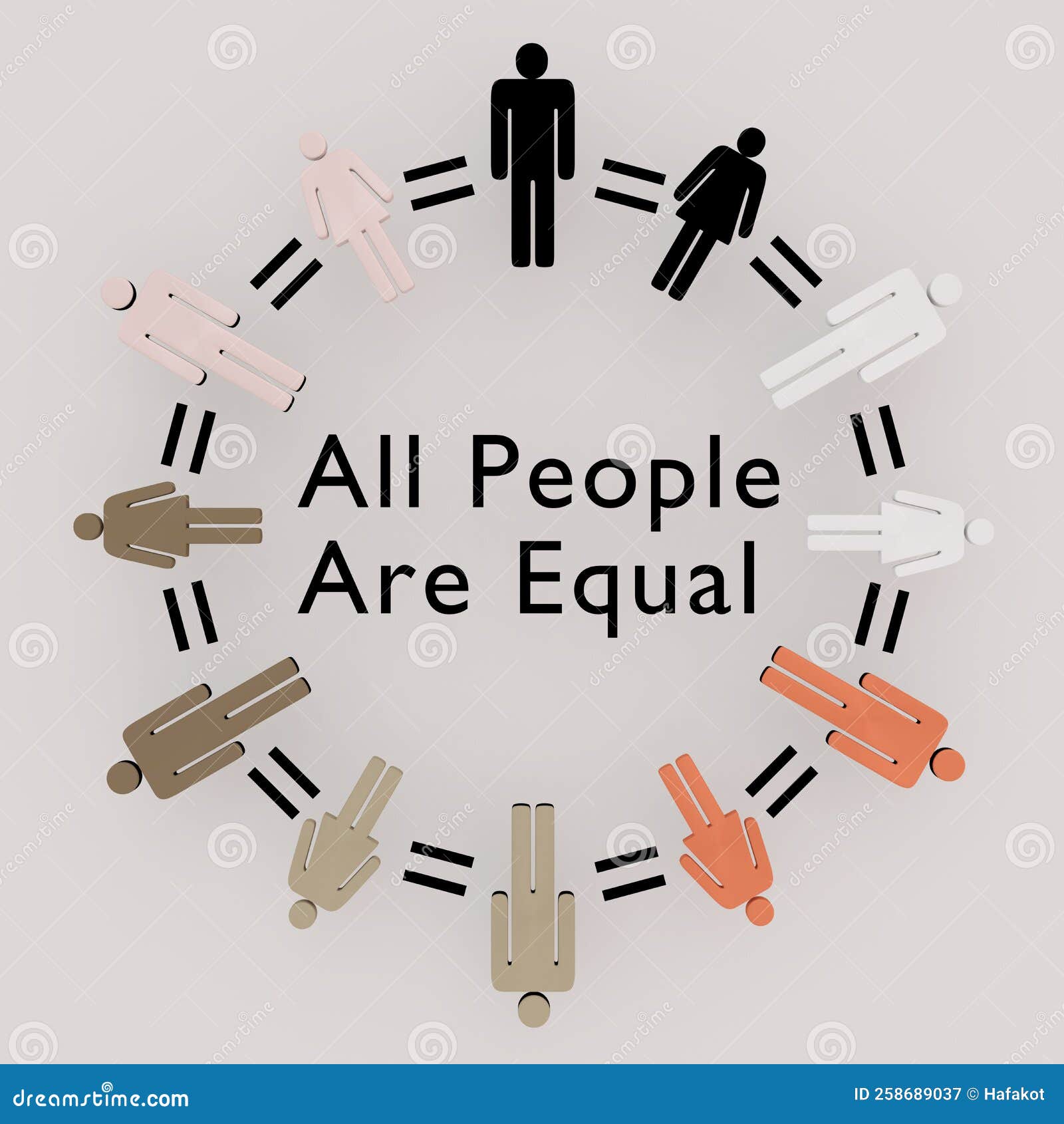 All People Are Equal concept. 3D illustration of a circle composed equation marks between men and women silhouettes in various colors with the script All People Are Equal